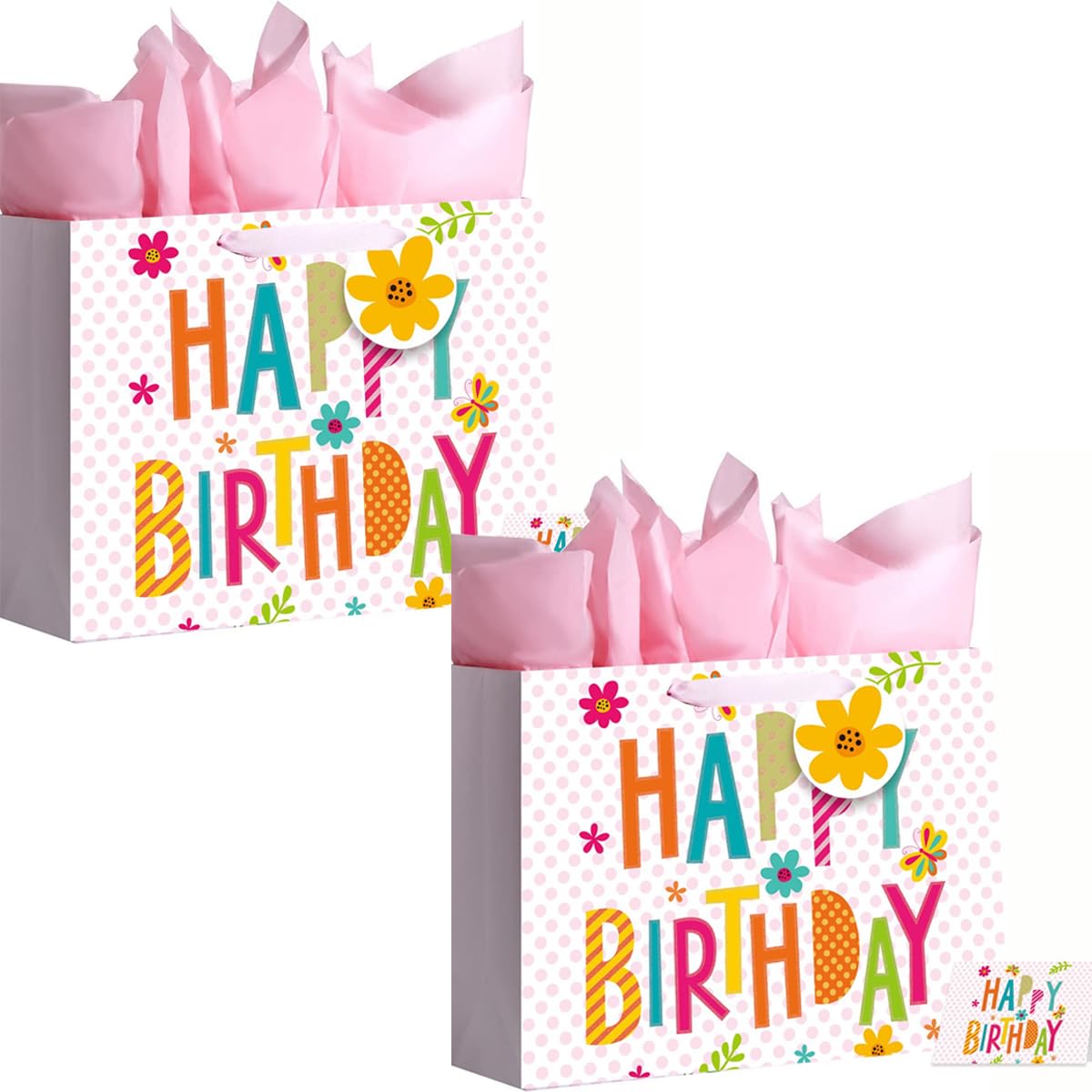 ViiTang Large Happy Birthday Gift Bags Set (2-Pack) with Tissue Paper & Card