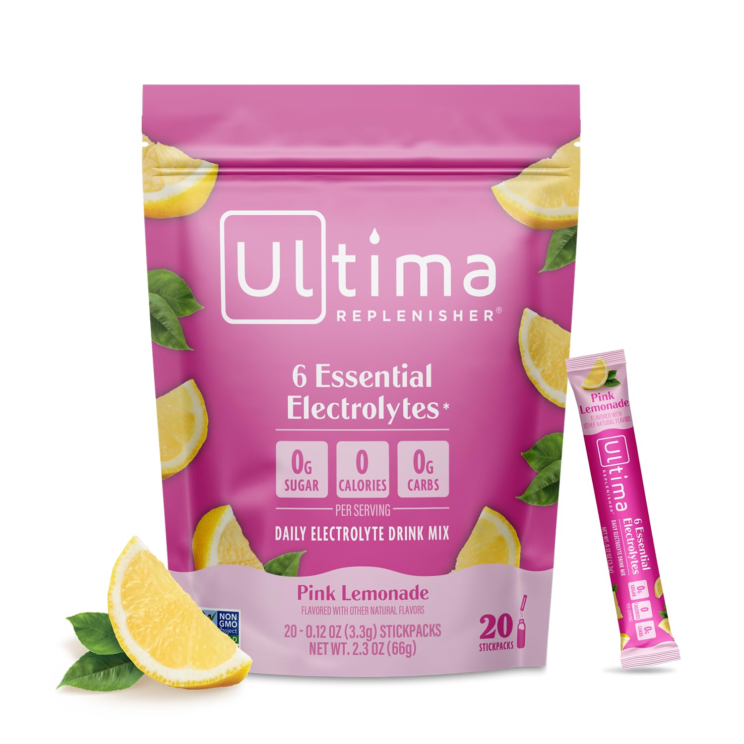 Ultima Replenisher Electrolyte Hydration Powder - Pink Lemonade - Sugar Free, 0 Calories, 0 Carbs - Gluten-Free, Keto, Non-GMO - 20 Count Stickpacks