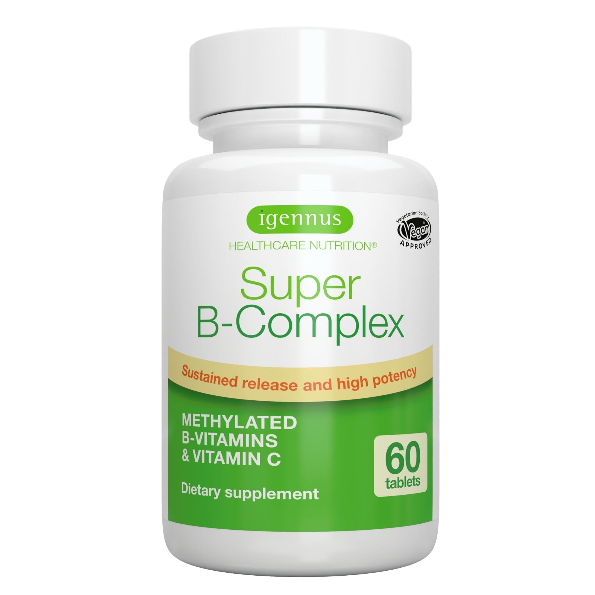 Igennus Super B-Complex - Methylated Sustained Release B Vitamins & Vitamin C - Vegan Energy & Heart Health Support