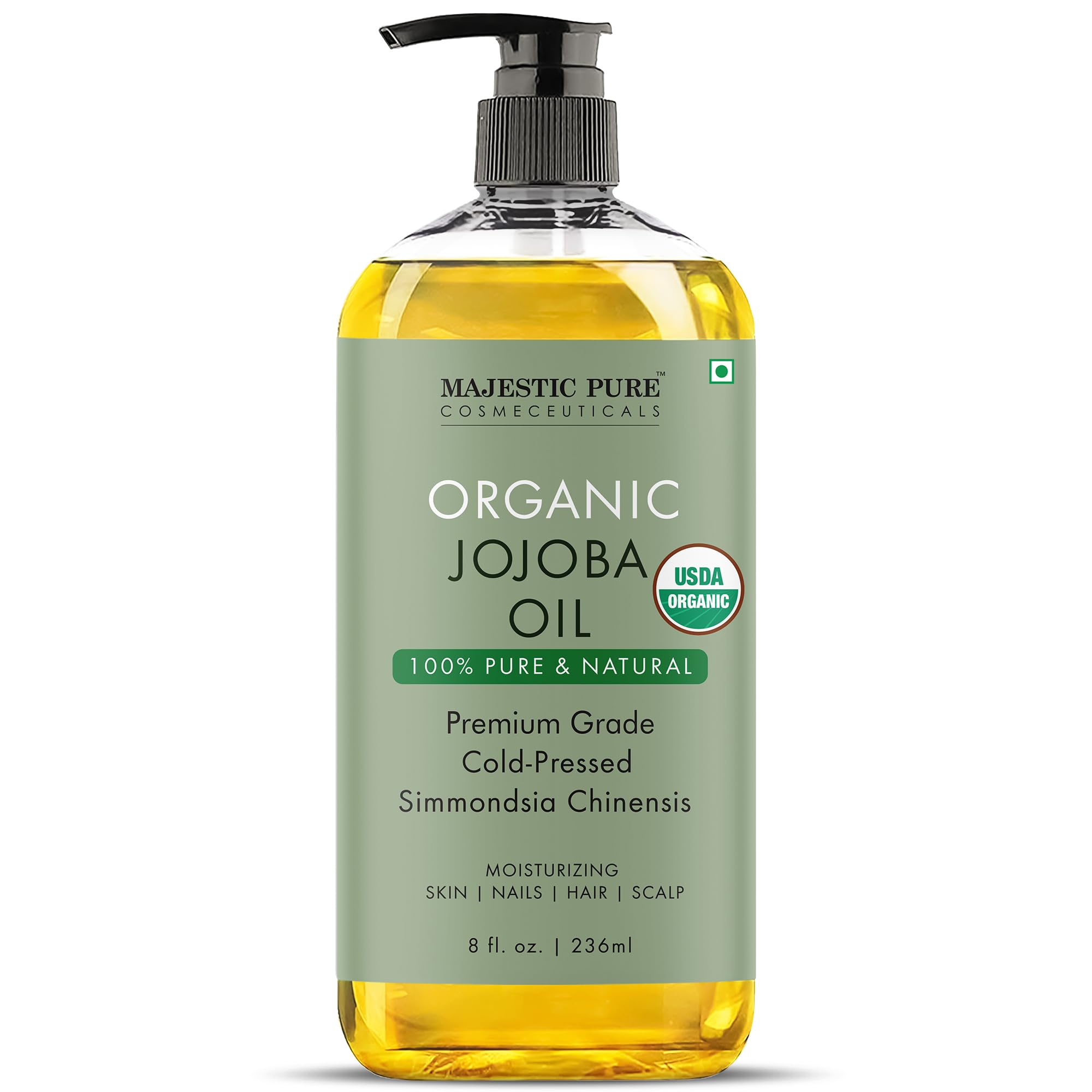 Majestic Pure Organic Jojoba Oil 236 ML – 100% Pure, Cold-Pressed for Skin, Hair, Massage & Dilution