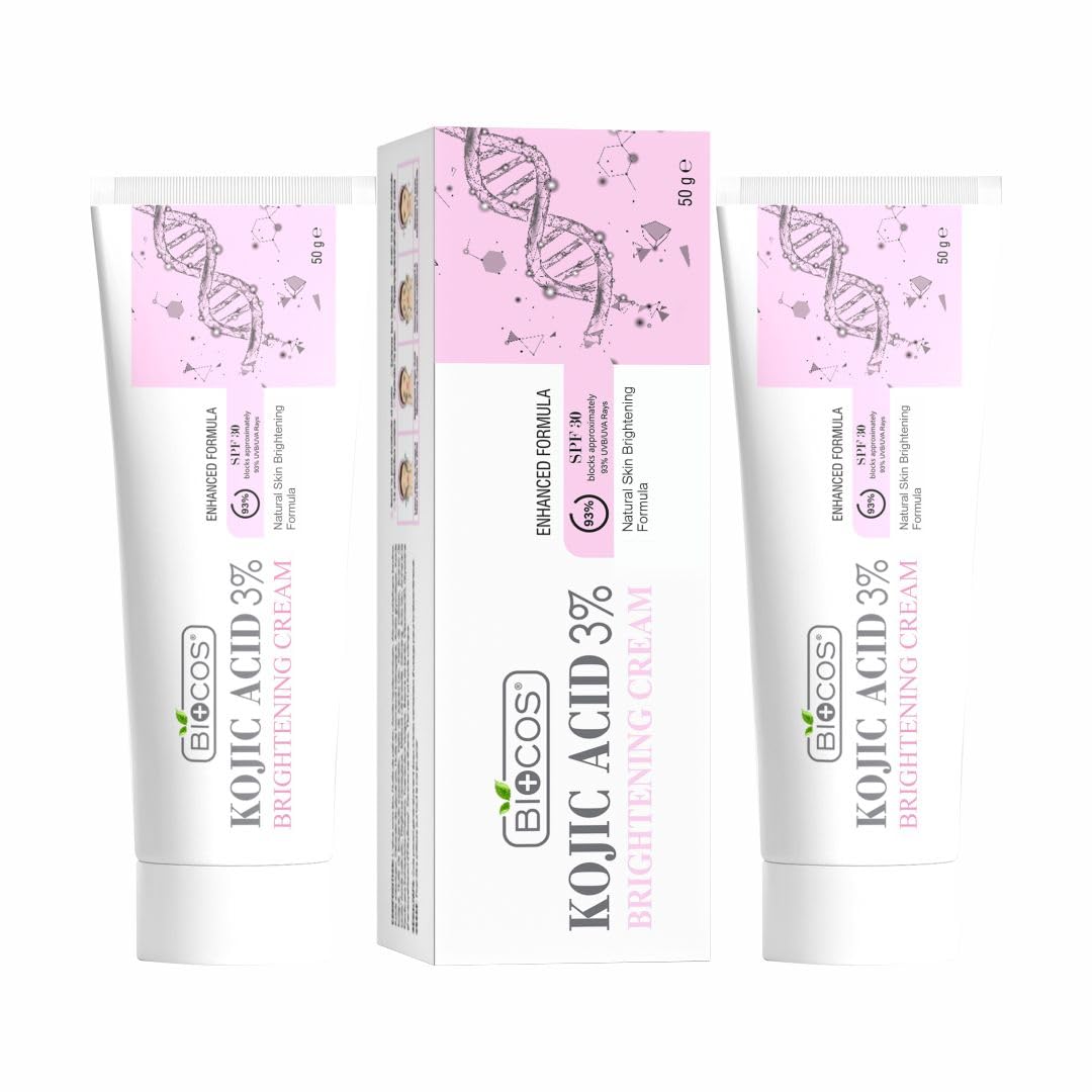 BIOCOS Kojic Acid Cream for Dark Spots & Hyperpigmentation - With 1 Free Cream - Skin Brightening & Acne Scar Removal with Glycolic Acid, Aloe Vera & Vitamin B5 - 50gm