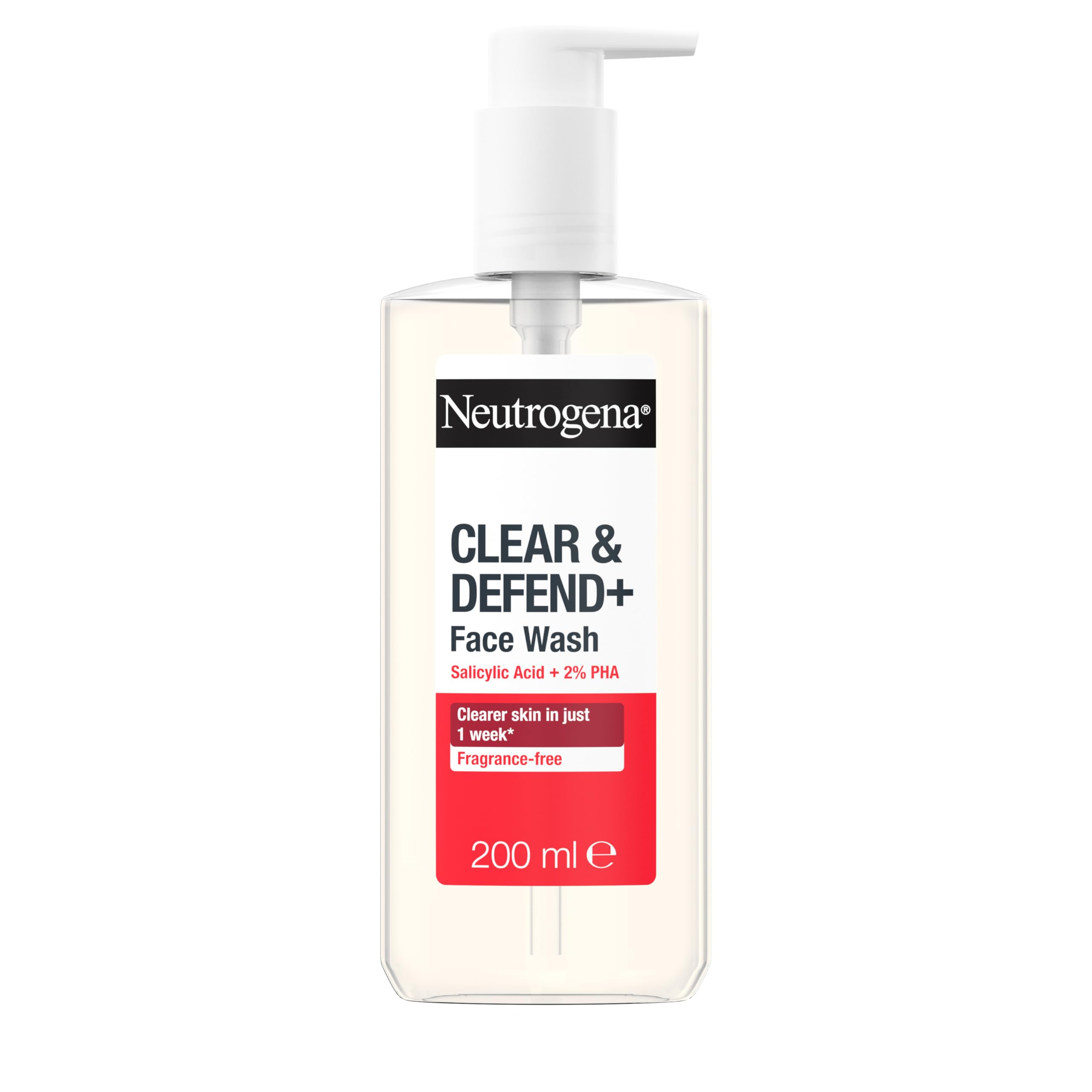 Neutrogena Clear & Defend+ Face Wash - Purifying Facial Wash for Acne-Prone Skin with Salicylic Acid and AHA/PHA - 200ml