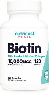 Nutricost Biotin for Women 10,000mcg - with Folate & Collagen - 120 Capsules - Gluten Free & Non-GMO