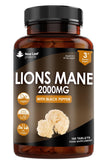 Lions Mane Mushroom 2000mg - 180 High Strength Vegan Tablets - Lion's Supplement with Black Pepper