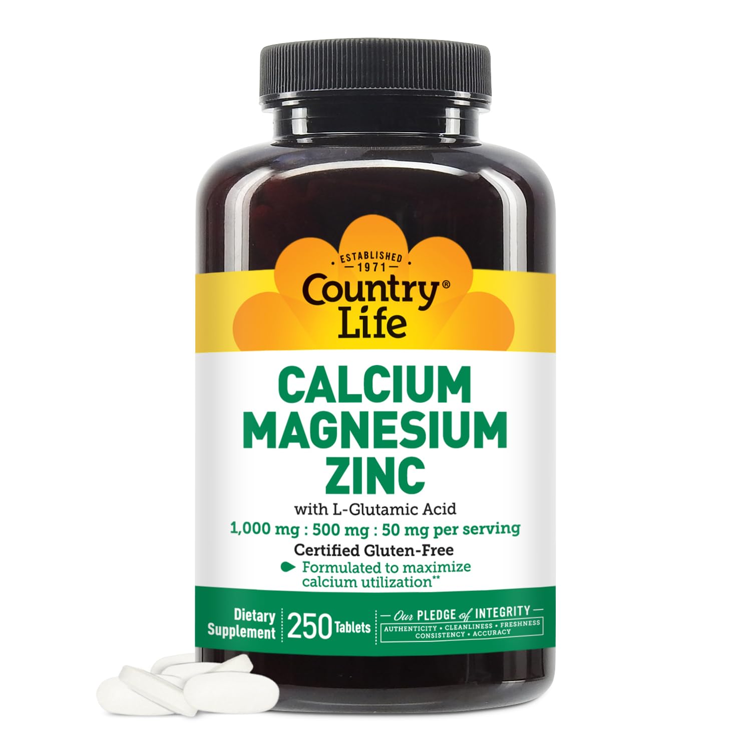Country Life Calcium Magnesium Zinc - 250 Tablets for Bone & Immune Health