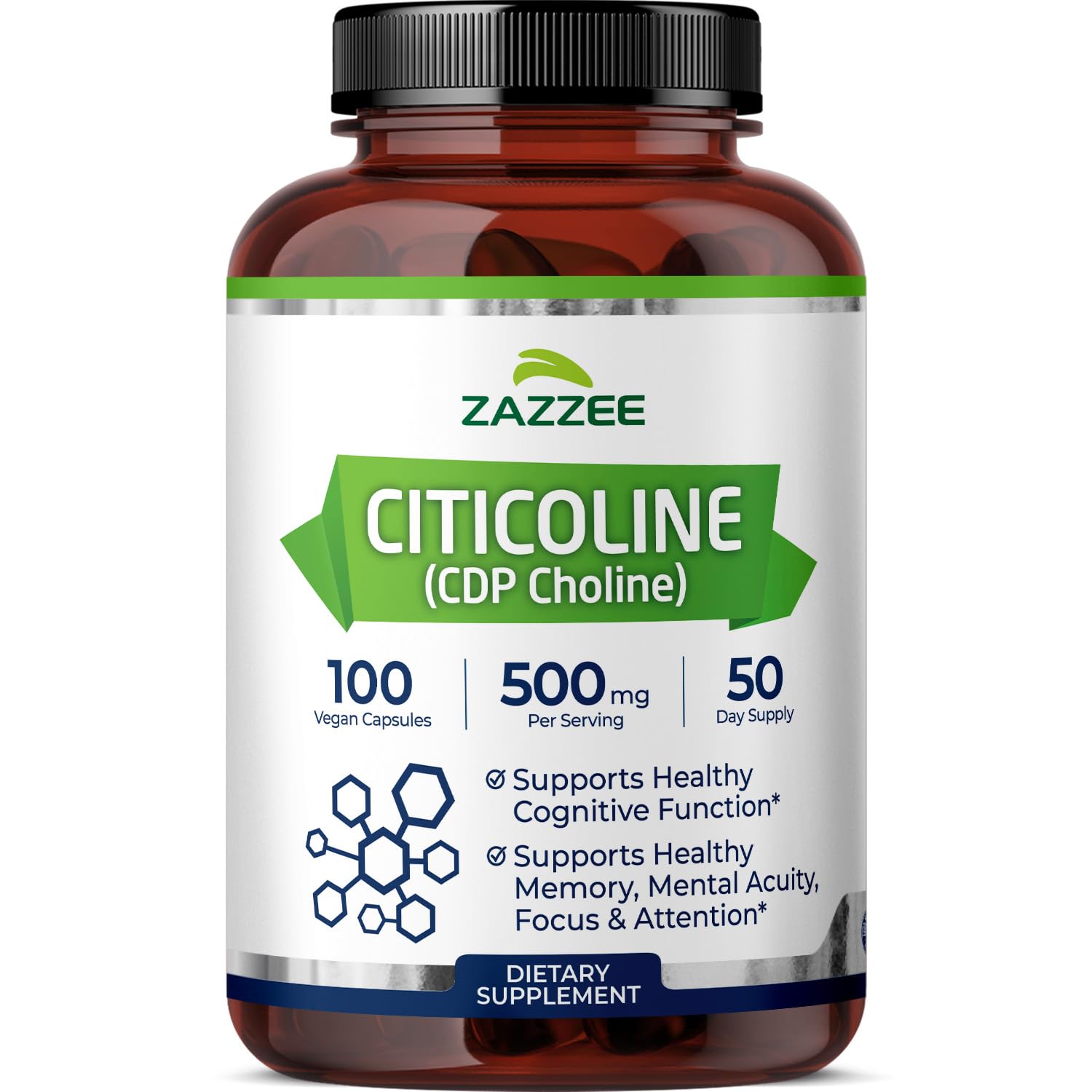 Zazzee Extra Strength Citicoline (500 mg) - 100 Vegan Capsules for Cognitive Support
