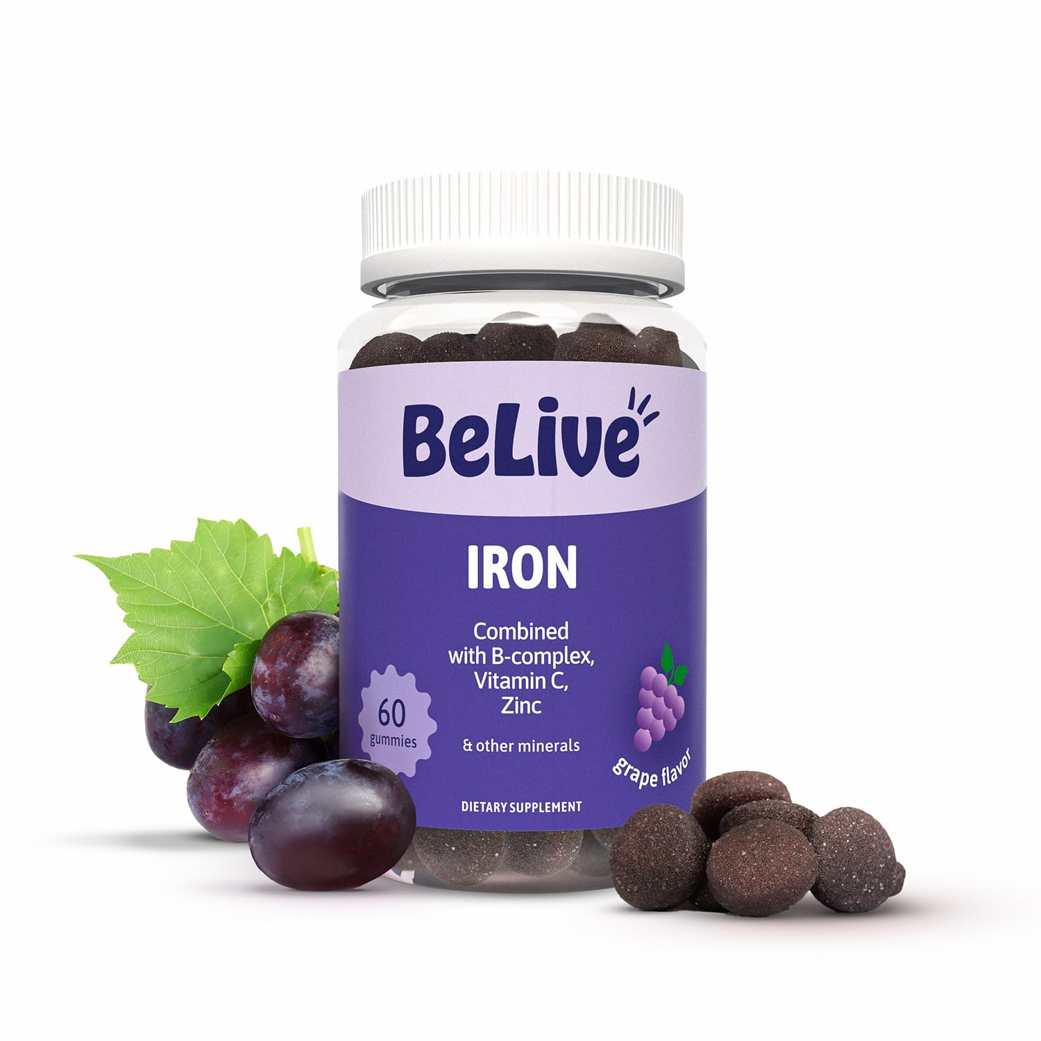 BELIVE Iron Gummy Bears - Vegan Iron Supplement with Vitamin C & B Vitamins - Grape Flavor - 60 Gummies