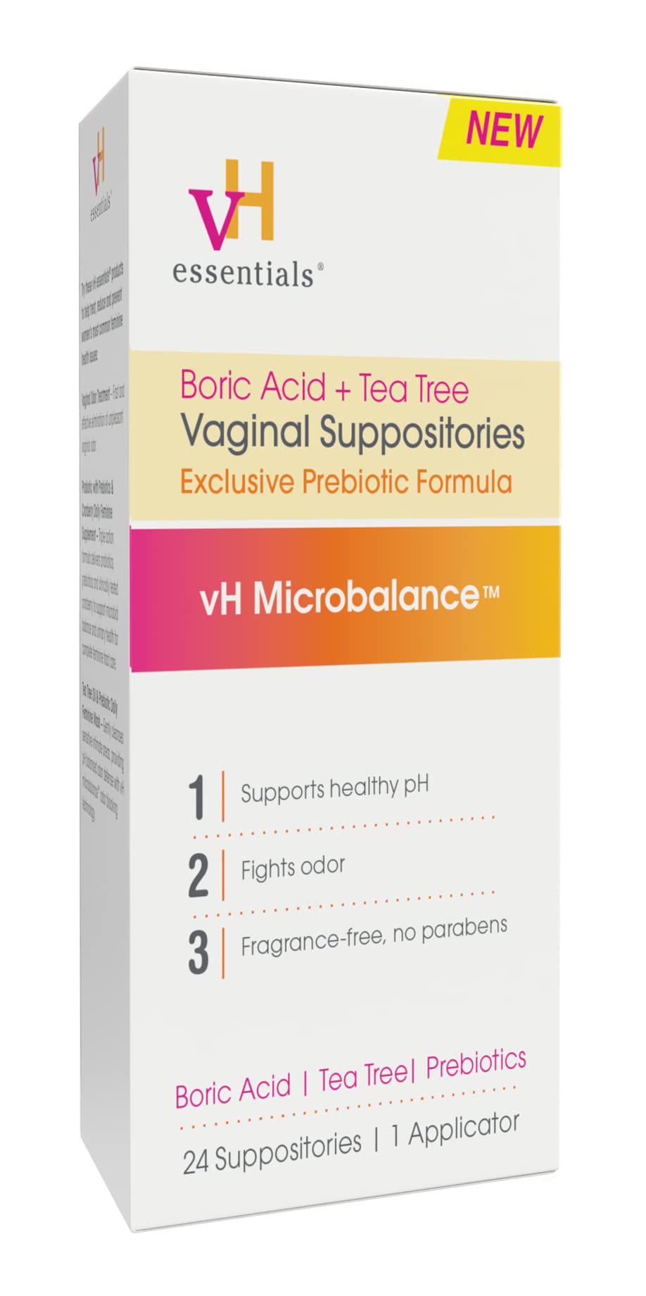 vH essentials Boric Acid + Tea Tree Suppositories - Prebiotics Formula with Lactic Acid - pH Balance, Odor Control, Feminine Care - 24 Suppositories + Applicator