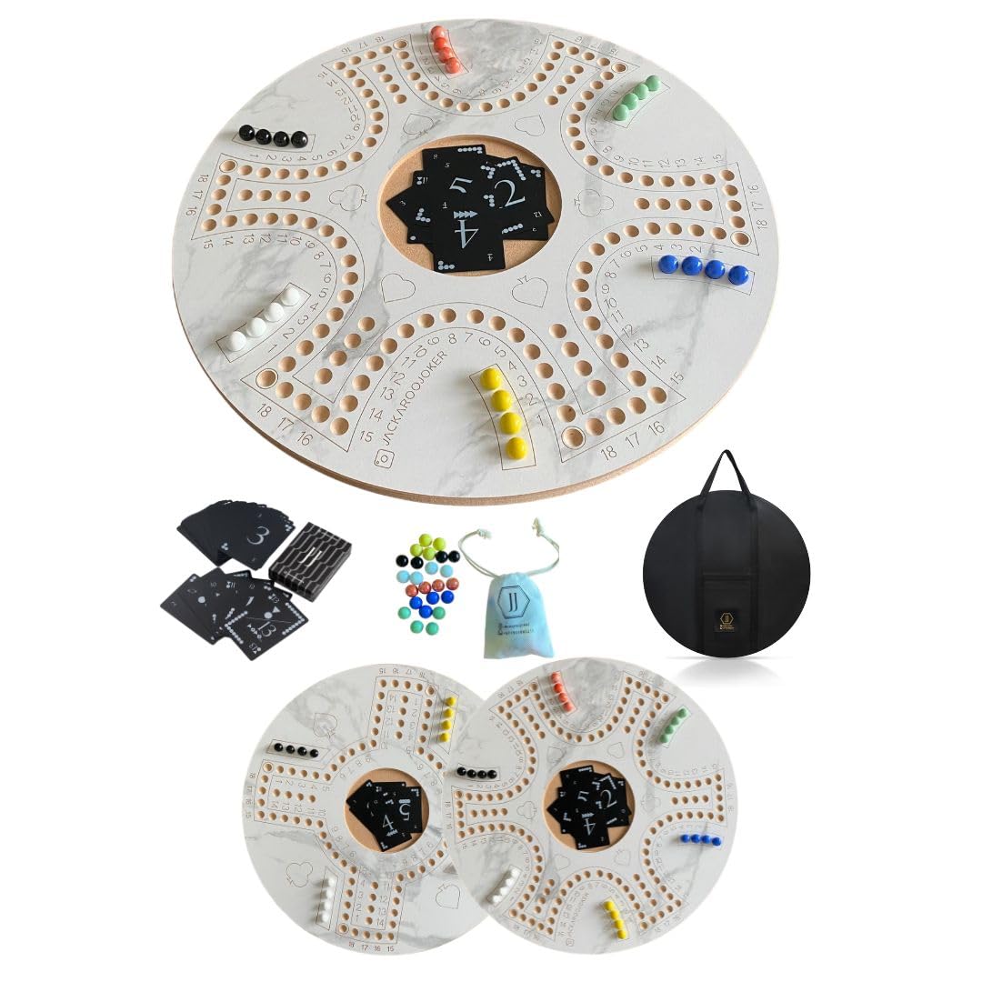 Jackaroo Wood Game Marble Color Two-Side Board - 4 Players One Side, 6 Players Other Side with Carry Bag