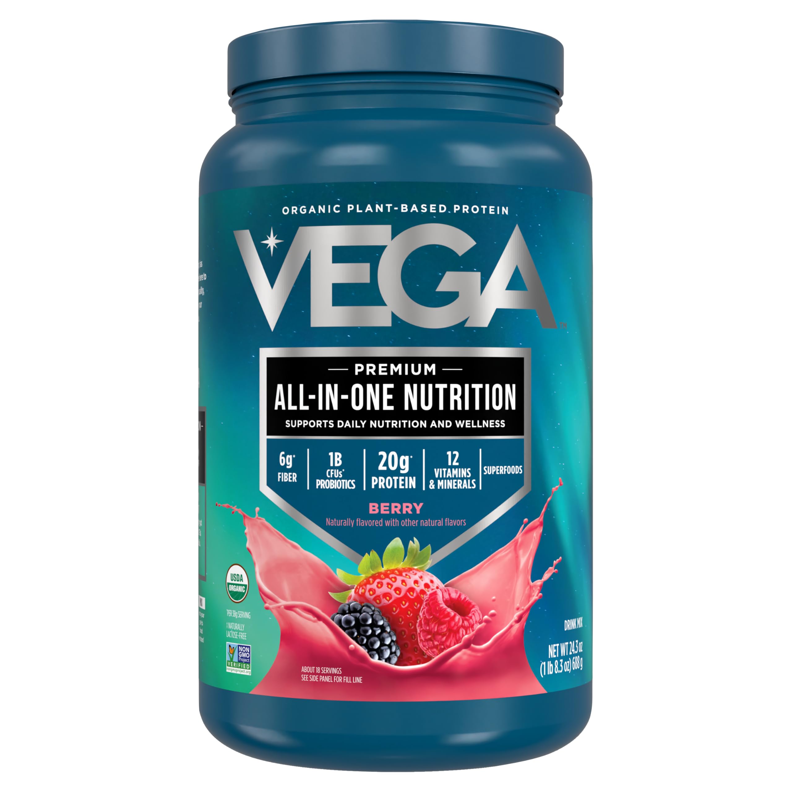 Vega One All-in-One Nutritional Shake - Berry Flavor, Plant-Based Protein, 1.51 lbs