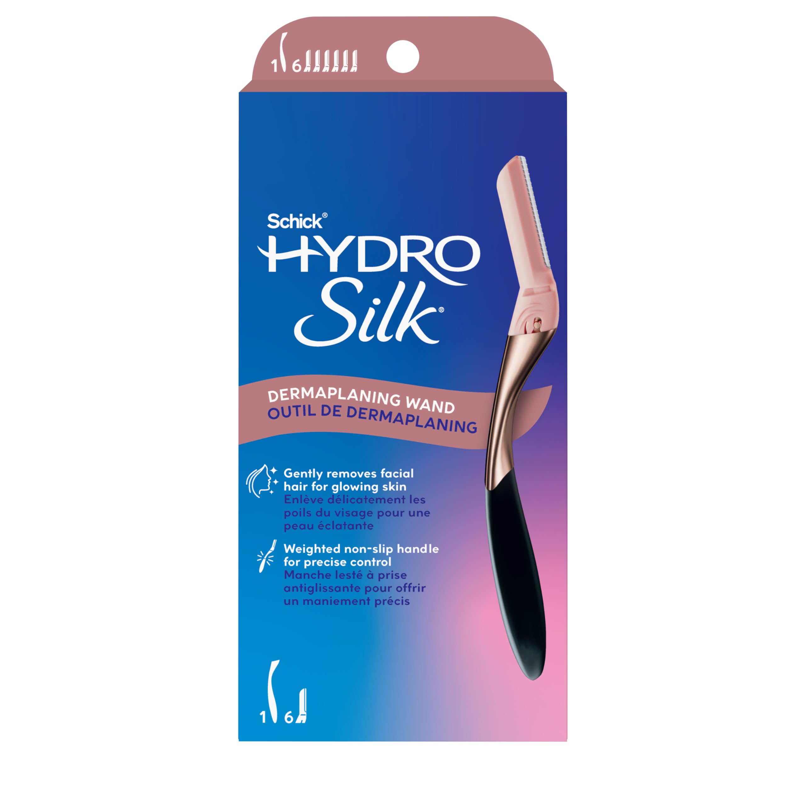 Schick Hydro Silk Dermaplaning Wand for Face with 6 Refill Blades | Professional Peach Fuzz Remover & Eyebrow Razor