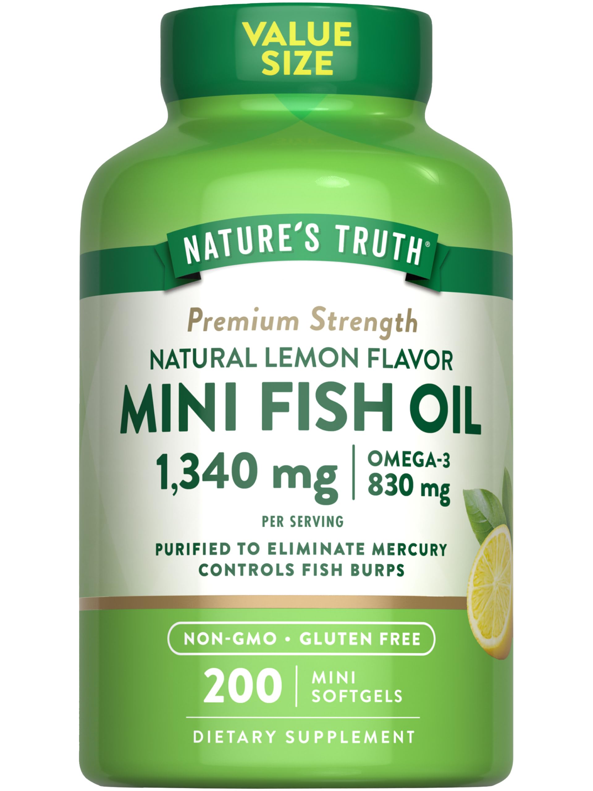 Nature's Truth Omega-3 Fish Oil 1340mg - 200 Mini Softgels, Burp-Free Lemon Flavor, Non-GMO & Gluten-Free