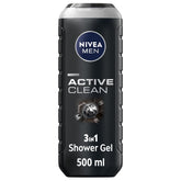 NIVEA MEN Active Clean 3in1 Shower Gel - Charcoal-Infused Body, Face & Hair Wash, 500ml