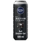 NIVEA MEN Active Clean 3in1 Shower Gel - Charcoal-Infused Body, Face & Hair Wash, 500ml