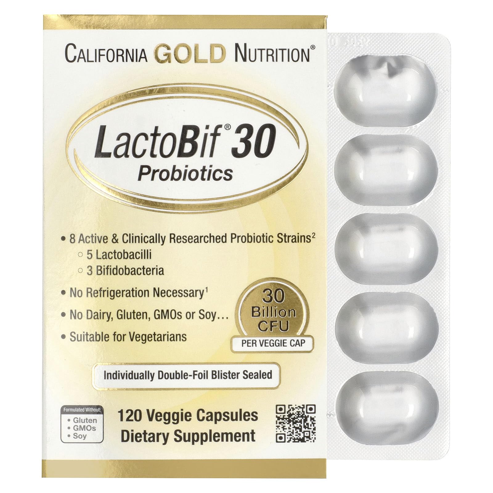 California Gold Nutrition LactoBif 30 Probiotics 30 Billion CFU 120 Veggie Capsules