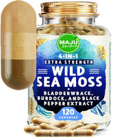 Maju Superfoods Wild Irish Sea Moss Capsules, 4-in-1 with Bladderwrack & Burdock Root, Sebi Inspired Organic Seamoss Pills (120 ct)