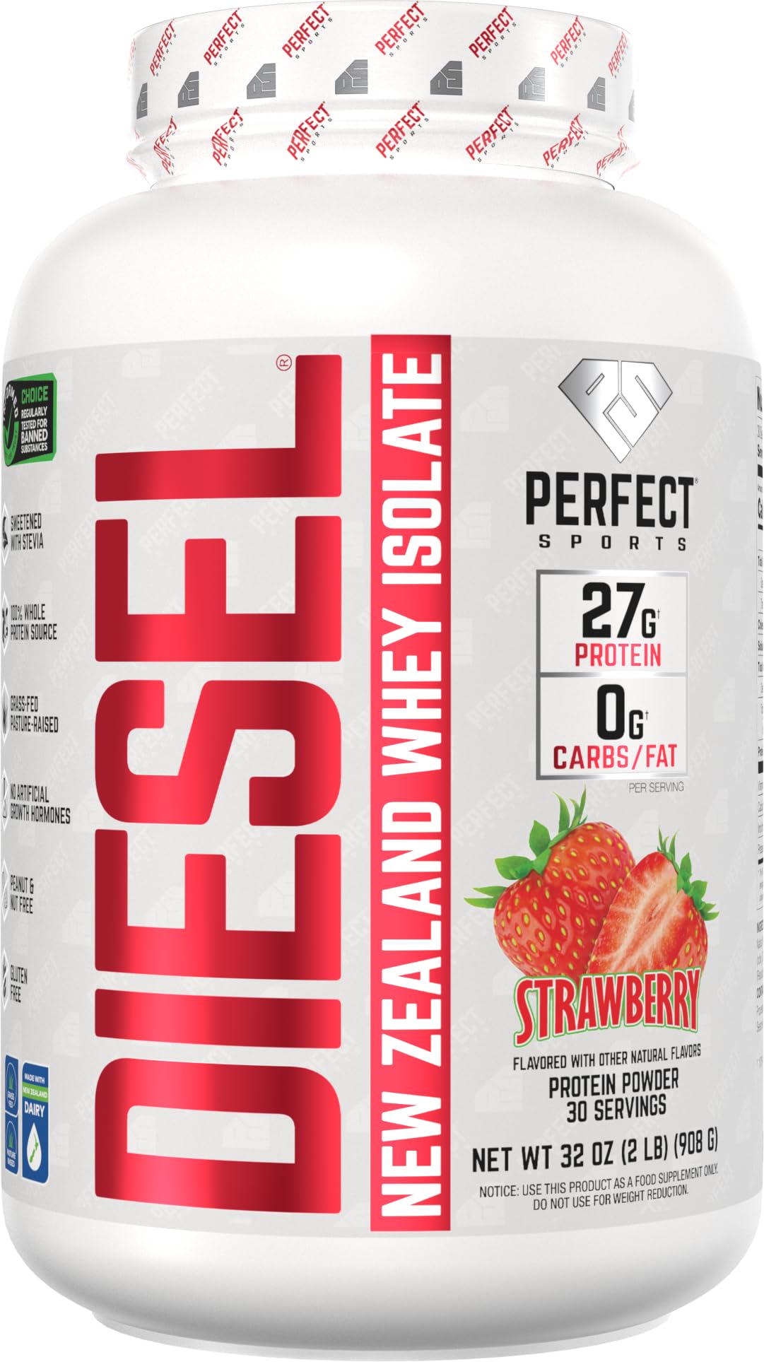 PERFECT SPORTS Diesel 100% New Zealand Whey Protein Isolate - Stevia Sweetened, Zero Carb, Zero Fat, 27g Protein, 2 lbs - Strawberry