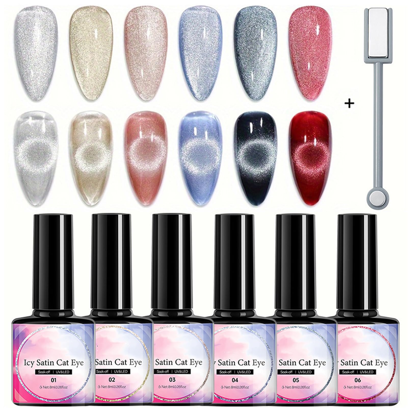 Azonee 6 Pcs Holographic Glitter Cat Eye Gel Nail Polish Kit with Magnet