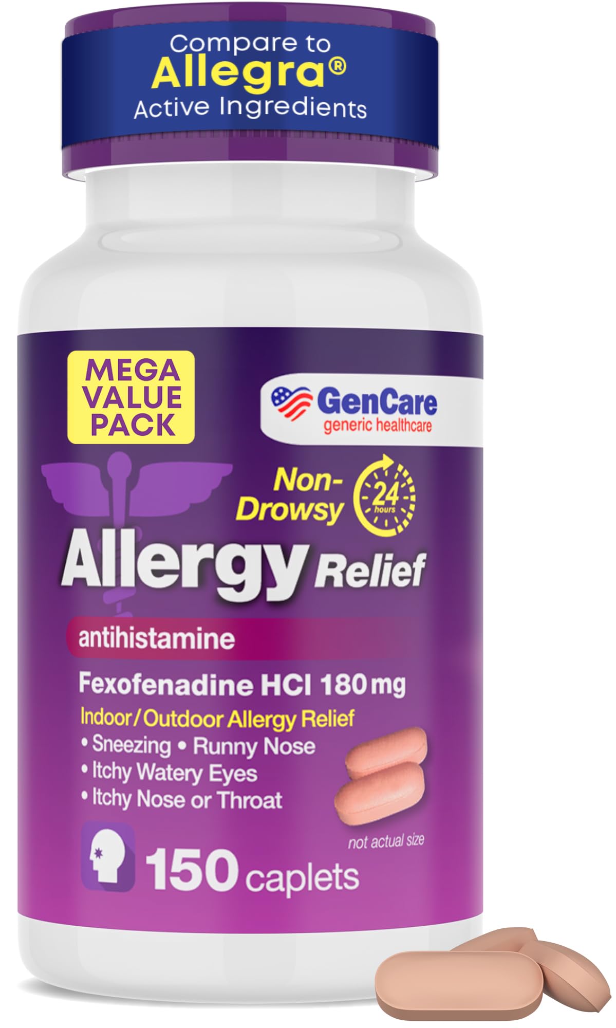 GenCare Allergy Relief Pills Fexofenadine HCl 180mg 150 Tablets - Non-Drowsy Antihistamine