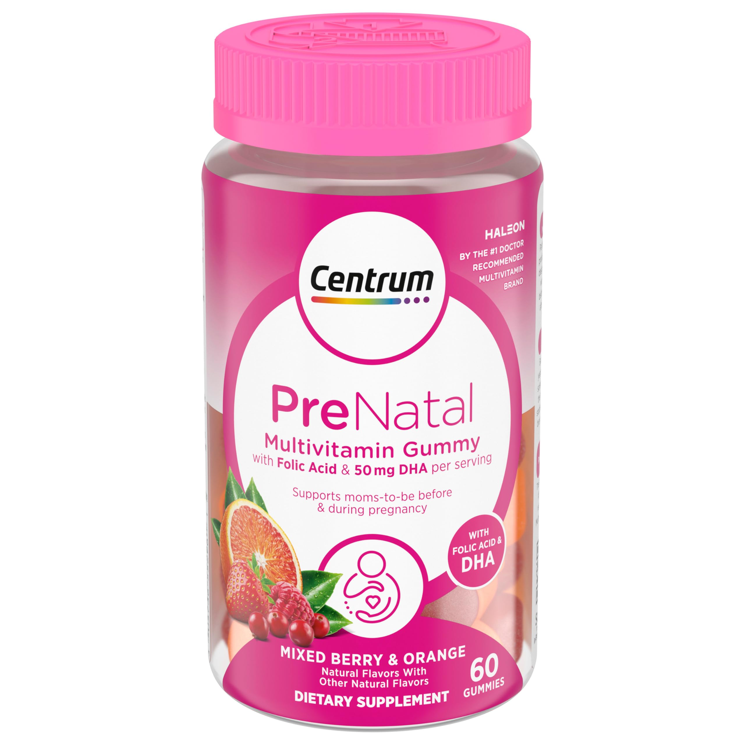 Centrum Prenatal Multivitamin Gummies with DHA and Folic Acid, Mixed Berry Orange, 60 Gummies
