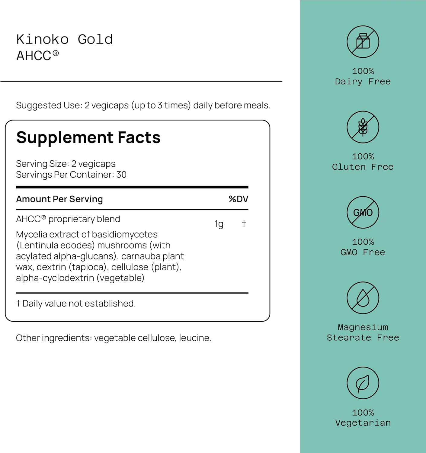 Premium Kinoko Gold AHCC Supplement–500mg of AHCC per Capsule–Supports Immune Health, Liver Function, Maintains Natural Killer Cell Activity & Enhances Cytokine Production–60 Veggie Capsules