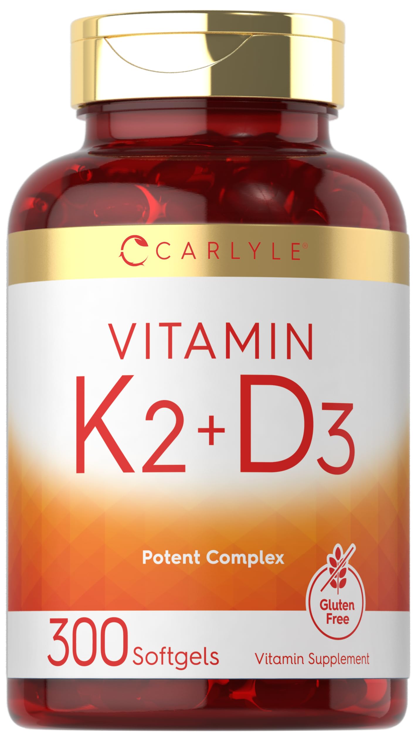 Carlyle Vitamin K2 + D3 | 200 mcg K2 MK7 & 250 mcg D3 | Non-GMO, Gluten Free | 300 Softgels