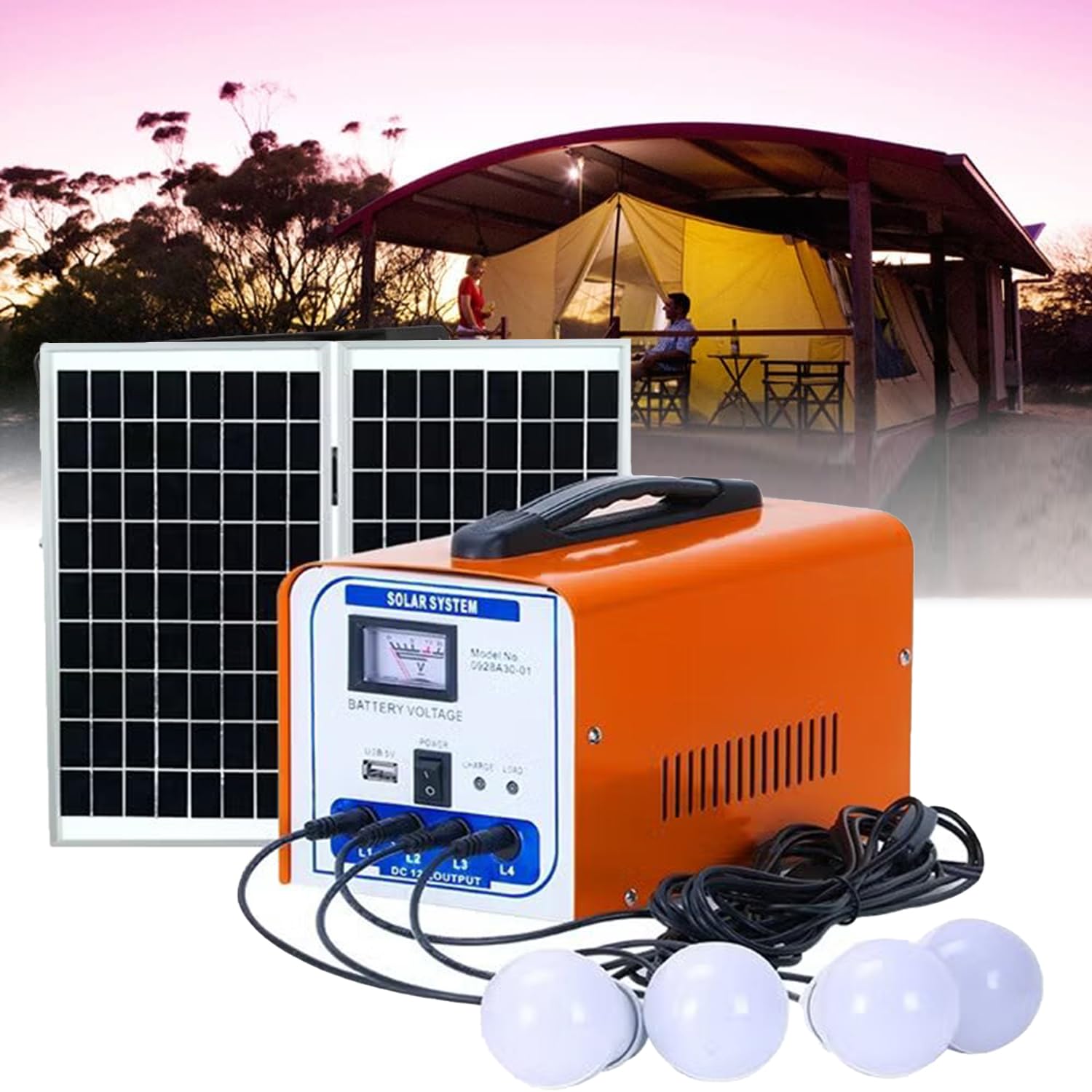 Solar Camping Power System - 12V 4 Bulbs with Mobile Charger