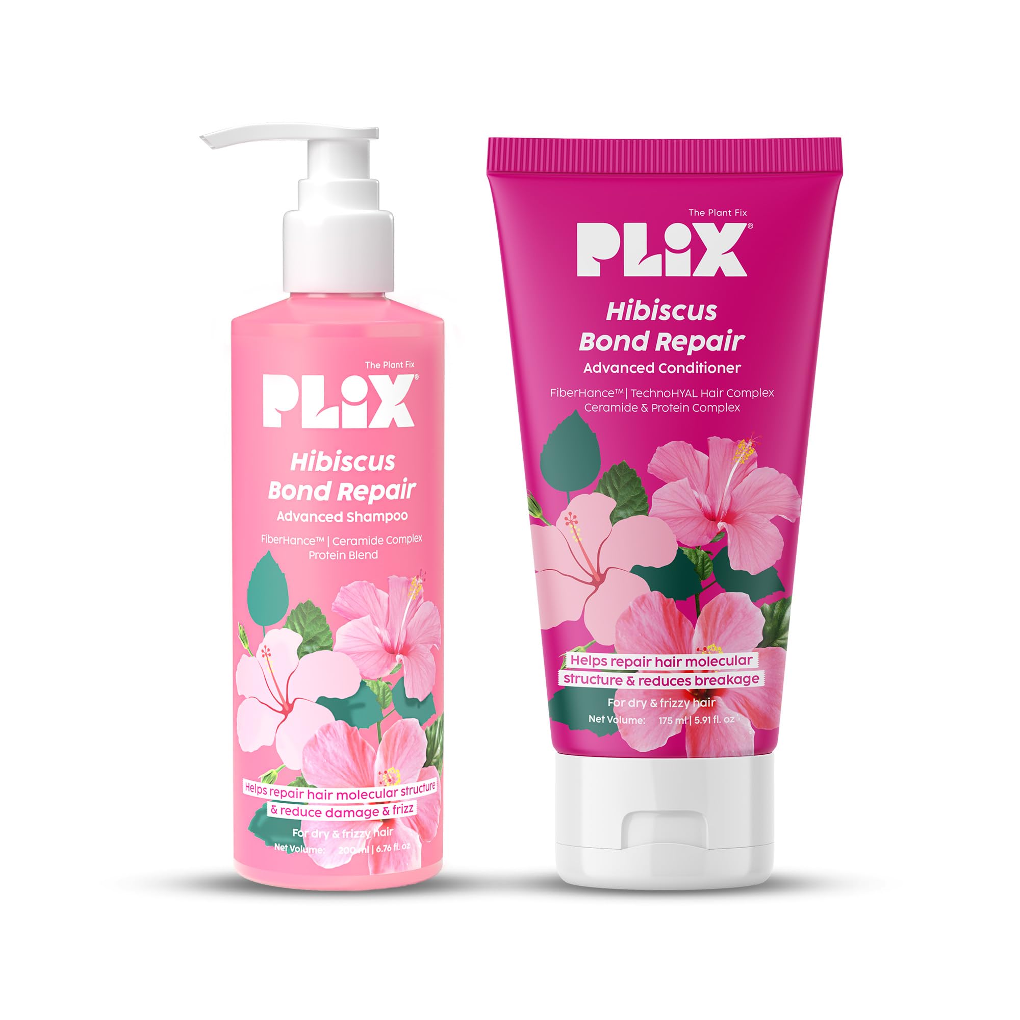 PLIX Hibiscus Bond Repair Shampoo (200ml) & Conditioner (175ml) Set | FiberHance™ Complex