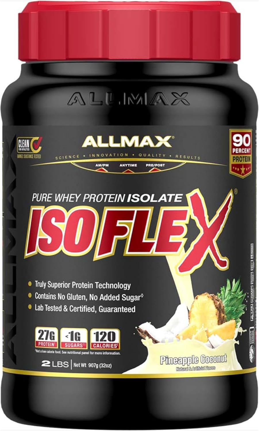 ALLMAX ISOFLEX Pure Whey Protein Isolate in Pineapple Coconut flavor, 2 lbs, high-quality protein for muscle recovery and growth.