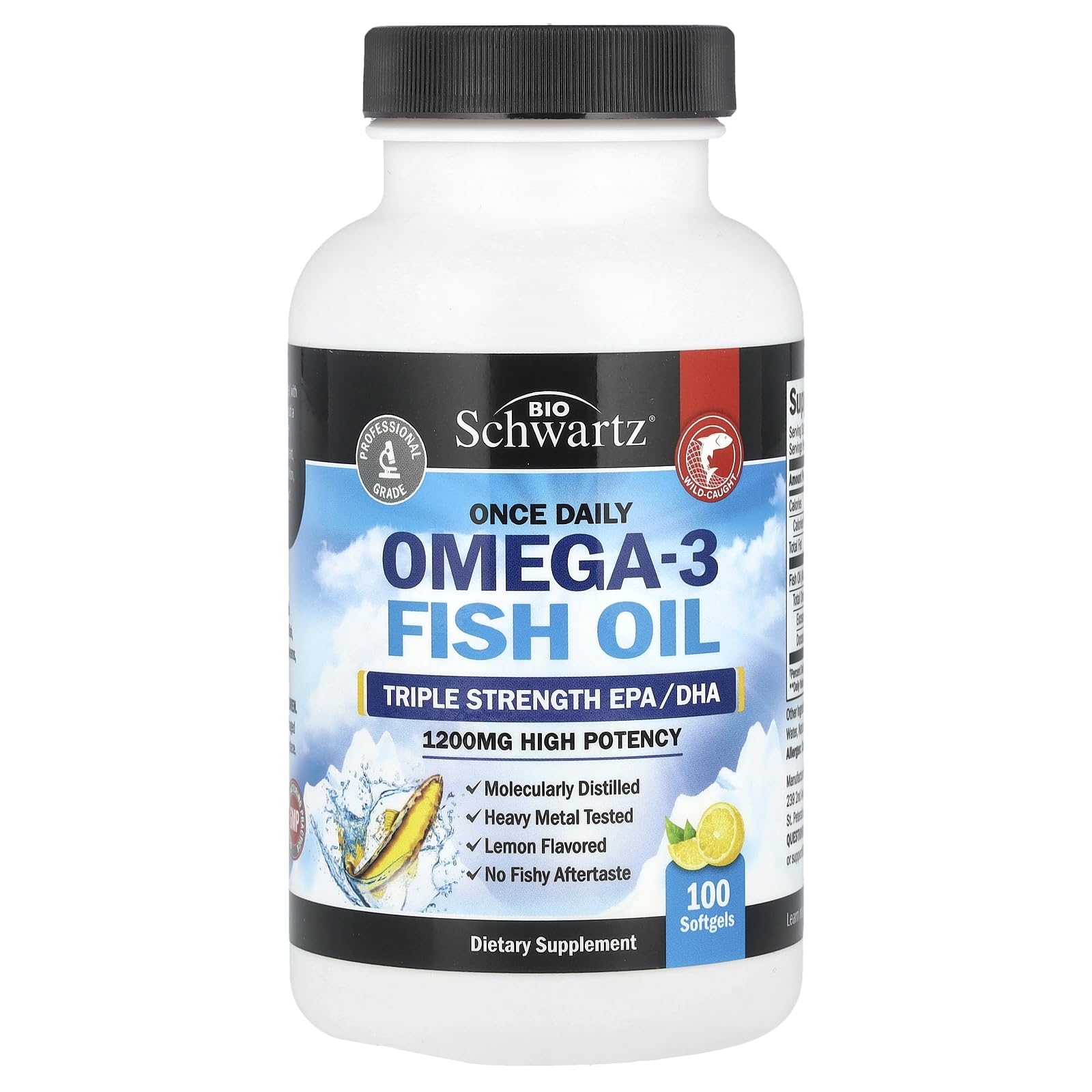 BioSchwartz Once Daily Omega-3 Fish Oil - Triple Strength - High Potency - Lemon - 1200mg - 100 Softgels