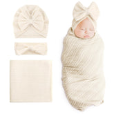SYOSI Newborn 3-Piece Cotton Swaddle Set - Blanket, Hat & Headband