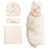 SYOSI Newborn 3-Piece Cotton Swaddle Set - Blanket, Hat & Headband