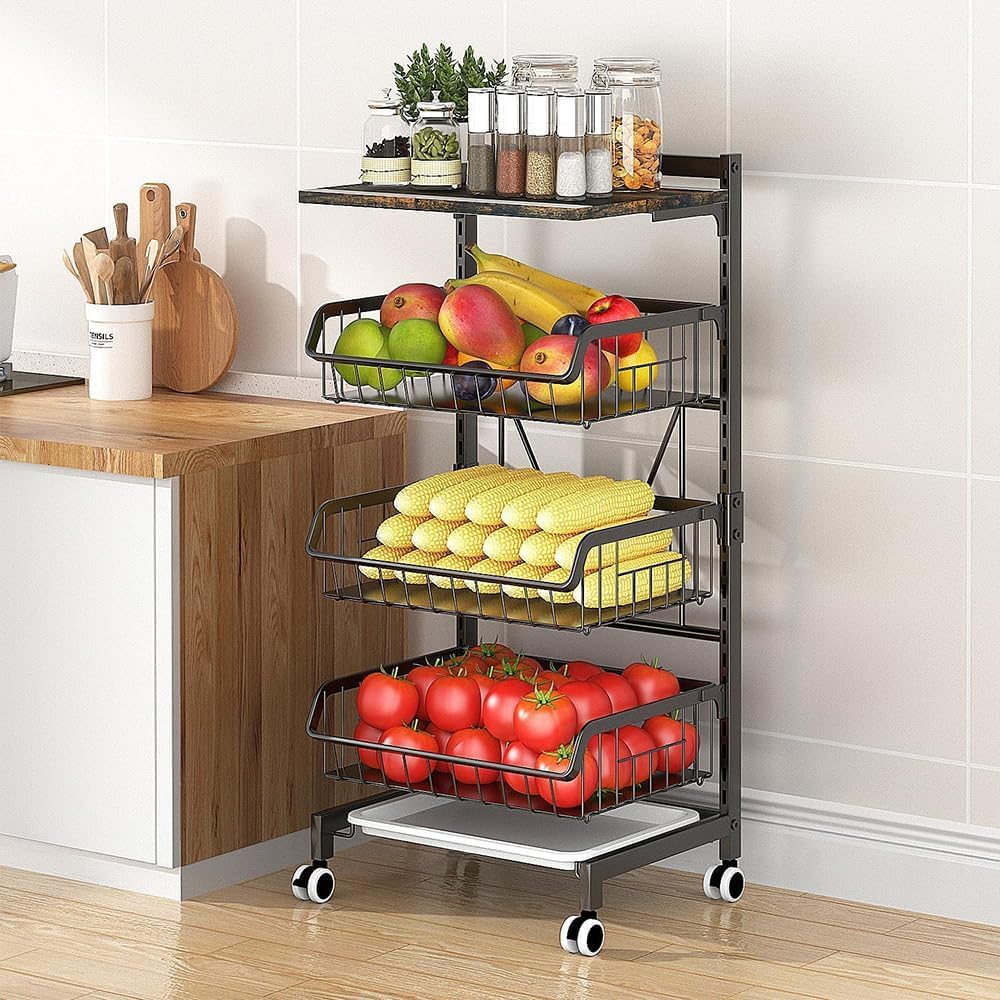 4-Tier Adjustable Fruit & Vegetable Kitchen Storage Cart with Wood Top & Wheels