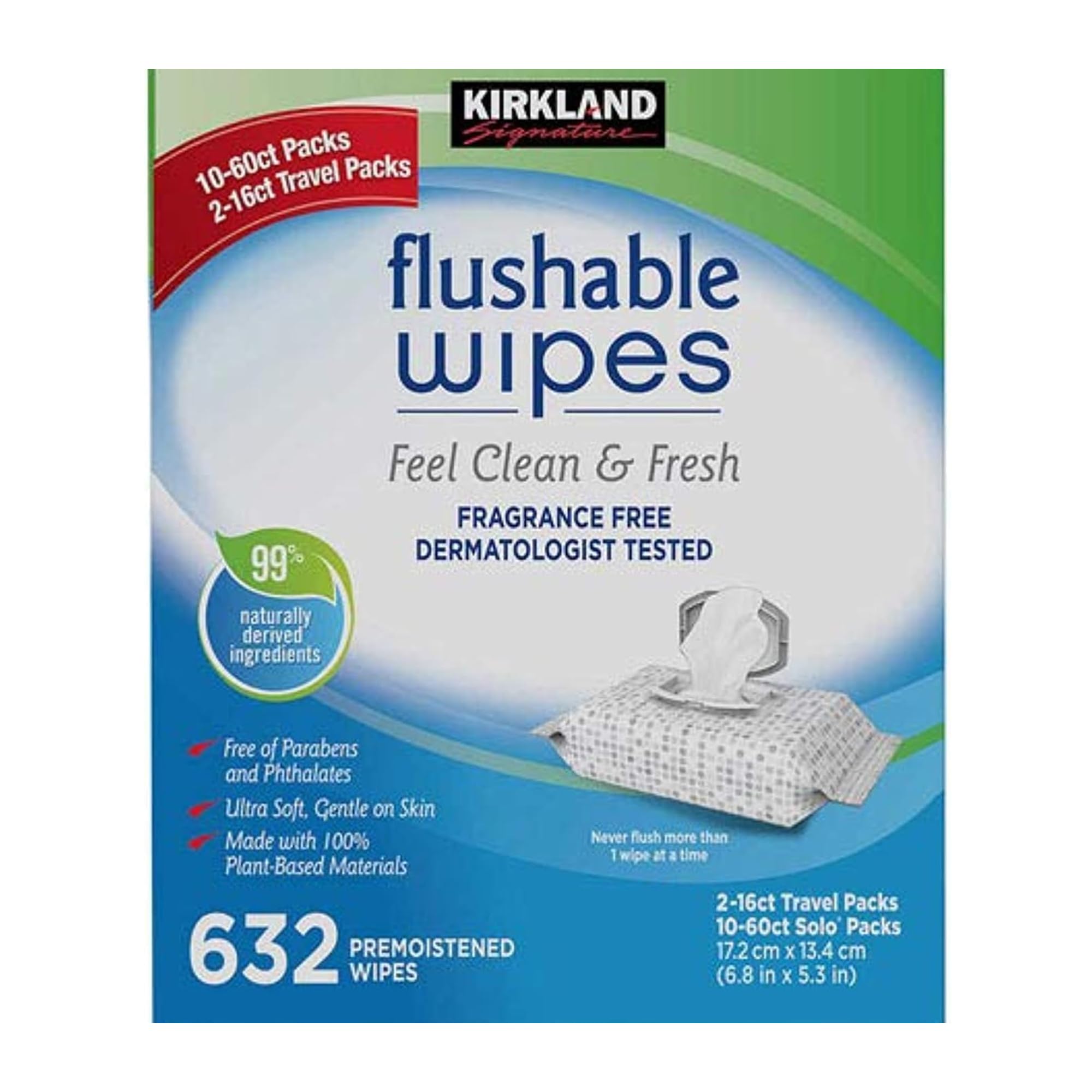 Kirkland Signature Flushable Moist Wipes - 640 Count Ultra Soft Plant-Based Cleansing