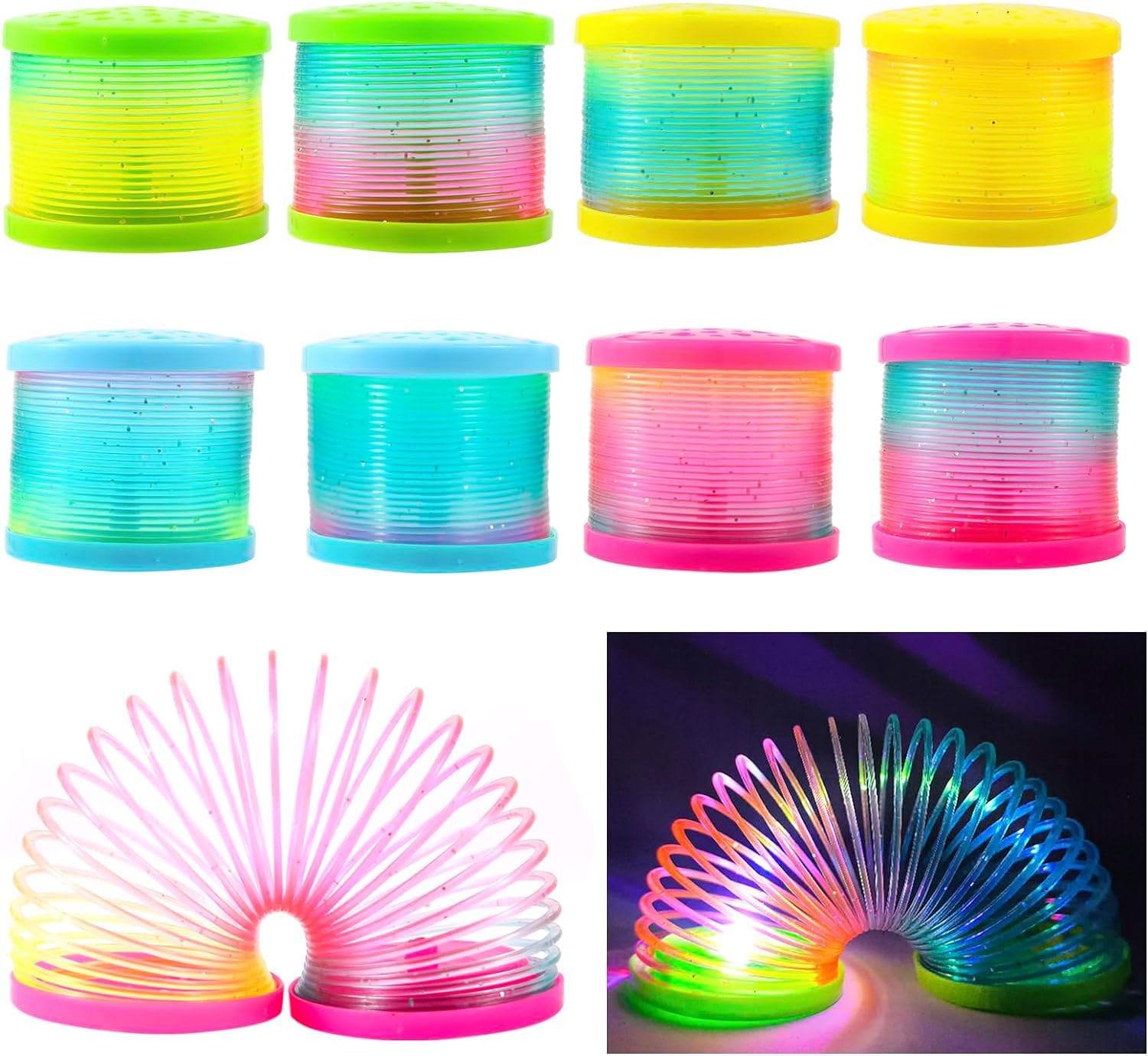 ALMEKAQUZ 8 Pack Glow Coil Spring Toy – Mini Springs Rainbow Magic Fidget Toys for Kids Boys Girls – Glow in the Dark Party Favors, Projection Star Night Light Toy, Pinata Fillers for Tod
