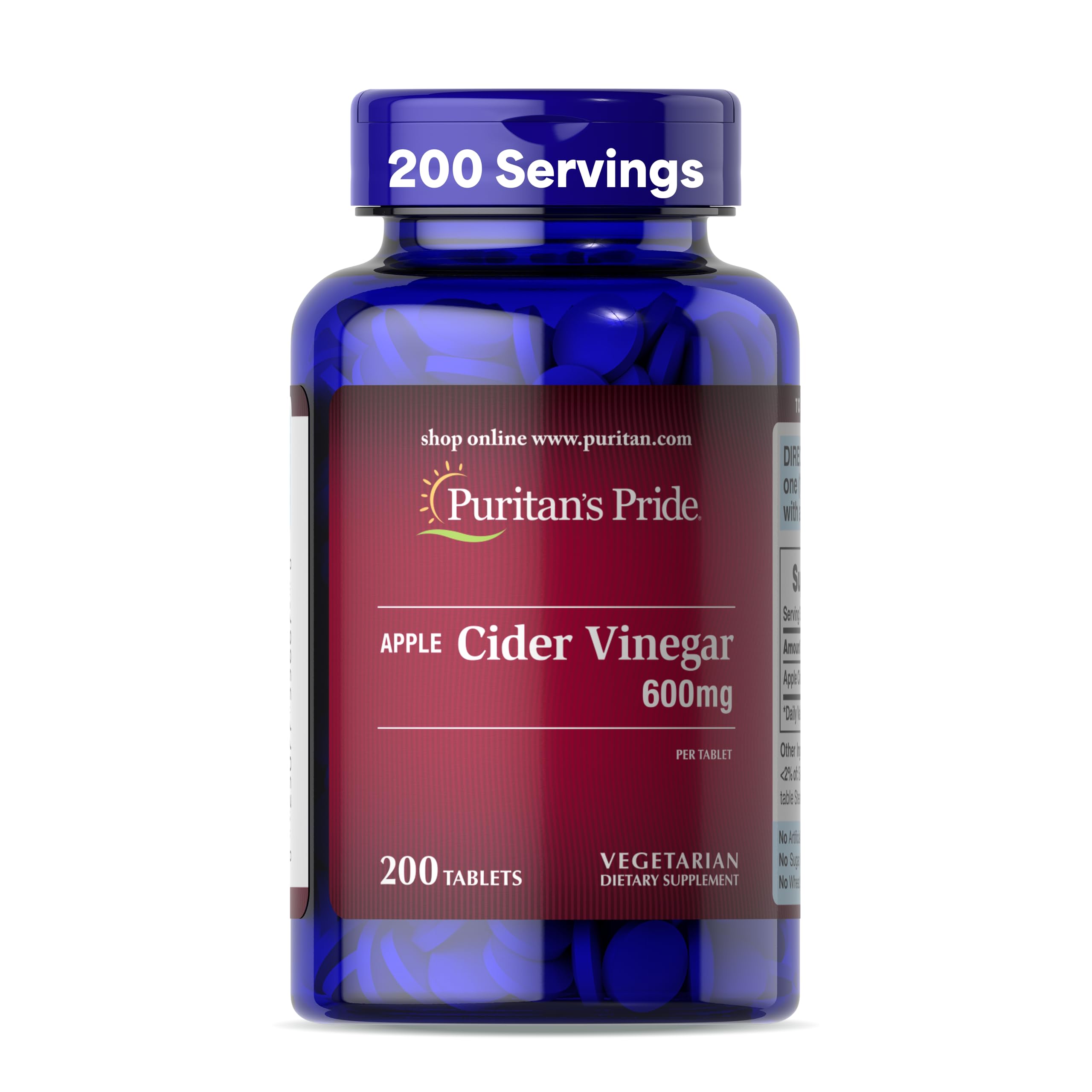 Puritan's Pride Apple Cider Vinegar 600mg Tablets - 200 Count Vegetarian Supplement for Digestion & Weight Management