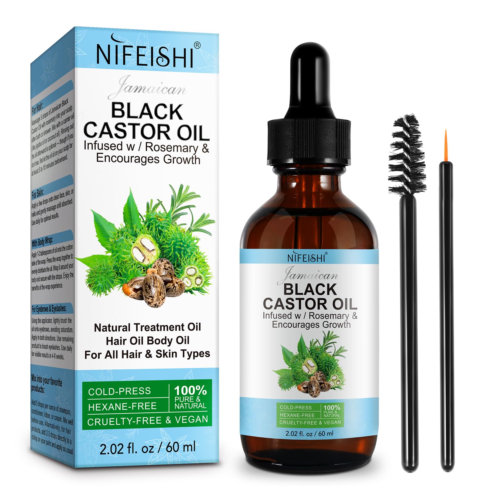 NIFEISHI Organic Castor Oil, Pure Natural Jamaican Black Castor Oil Infused with Rosemary, Cold Pressed Glass Bottles, Boost Hair Growth for Thicker, Fuller Hair, Eyelashes & Eyebrows 2.02 fl oz