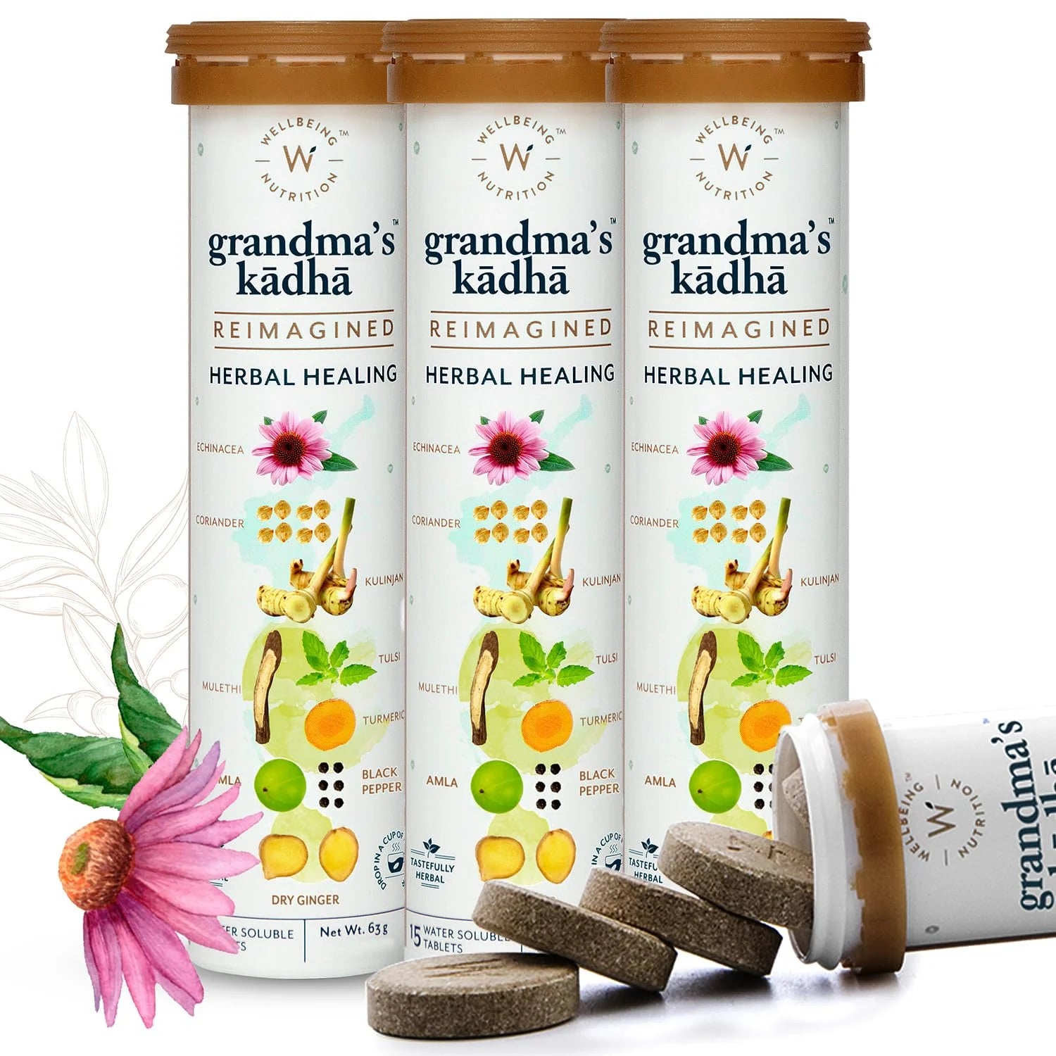 Grandma's Ayurvedic Kadha Tea: Immune-Boosting Herbal Effervescent Tablets with Tulsi, Ginger & Turmeric - Pack of 4 (15 Tablets Each)