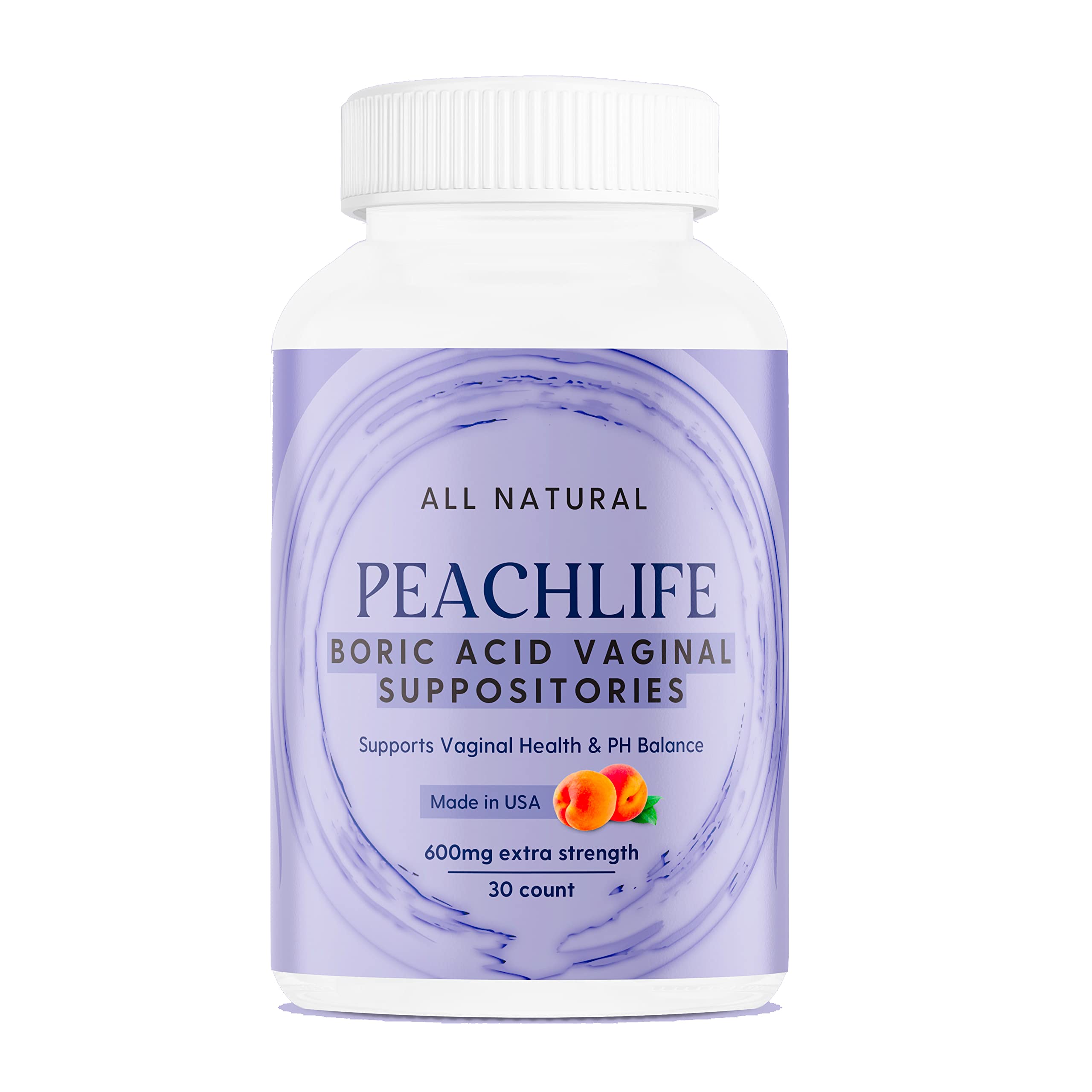 Peachlife Boric Acid Suppositories - USA Made - Vegetable Capsules for Feminine Health & pH Balance