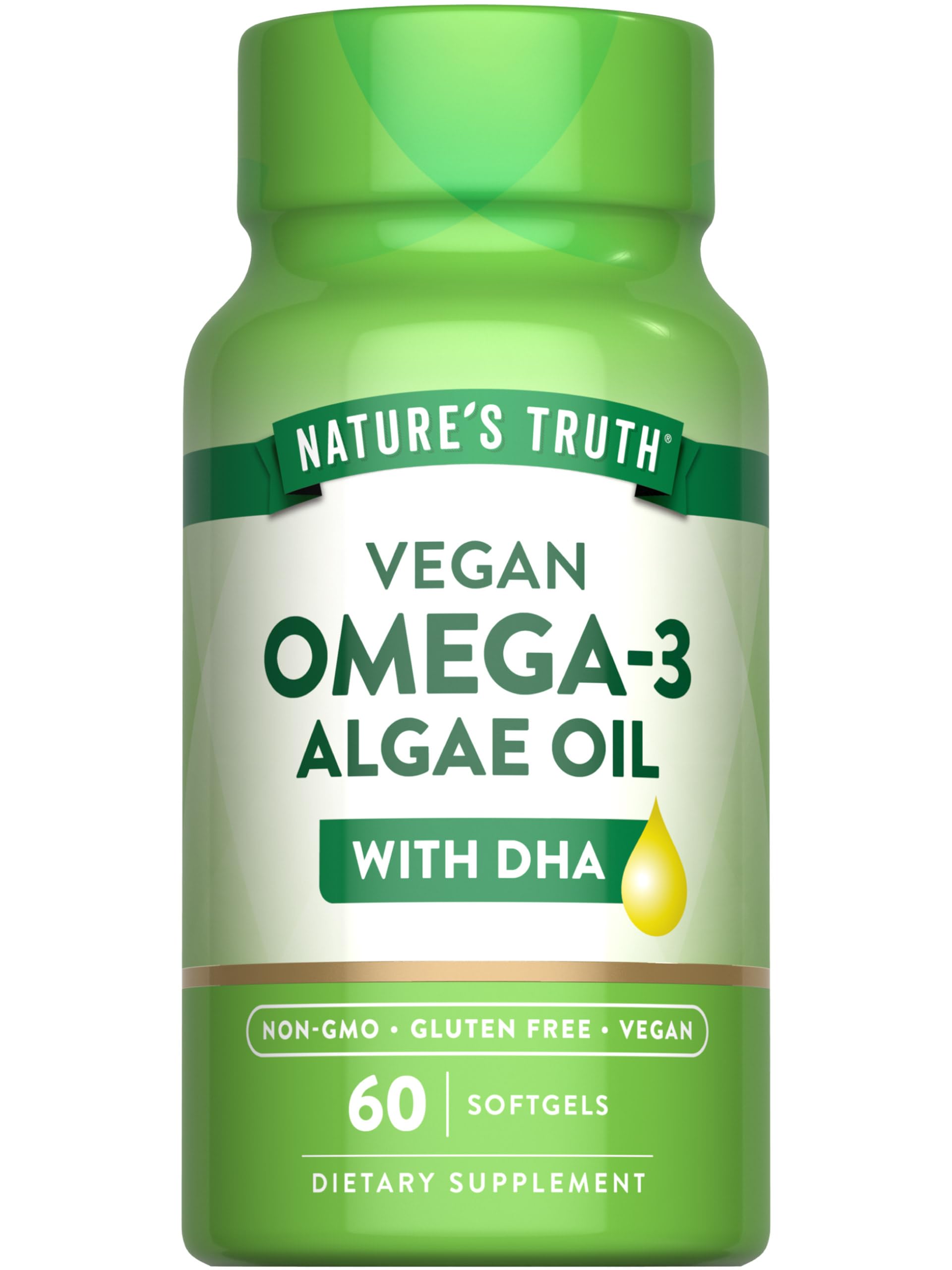 Nature's Truth Vegan Omega 3 Softgels - Algae Oil Formula with DHA - Non-GMO & Gluten Free (60 Count)
