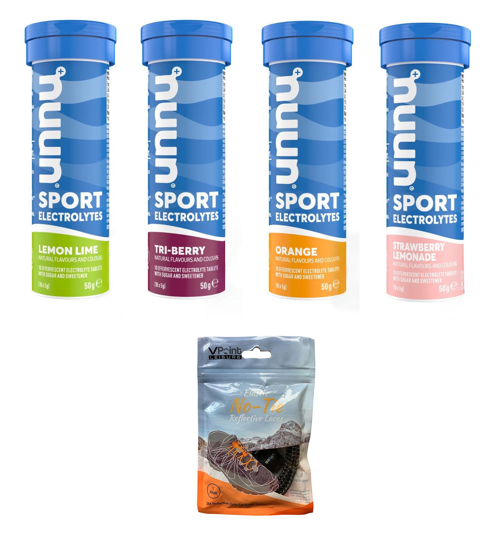 NUUN Sport Electrolytes Hydration Tablets Bundle - 4 Tubes (40 Tablets) + Reflective Shoe Laces (Mixed Flavors)