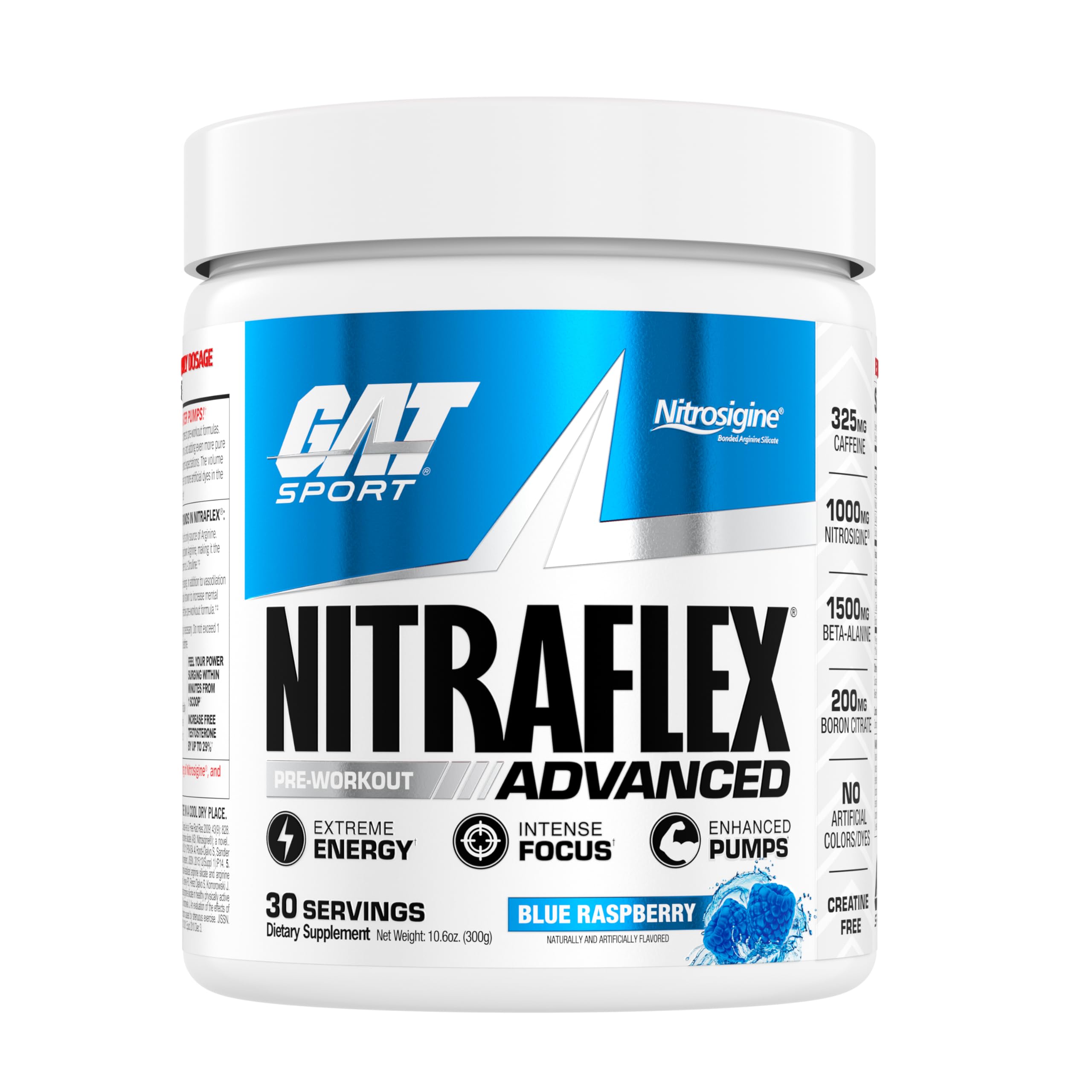 GAT Sport Nitraflex Pre-Workout Powder, Blue Raspberry, 300g