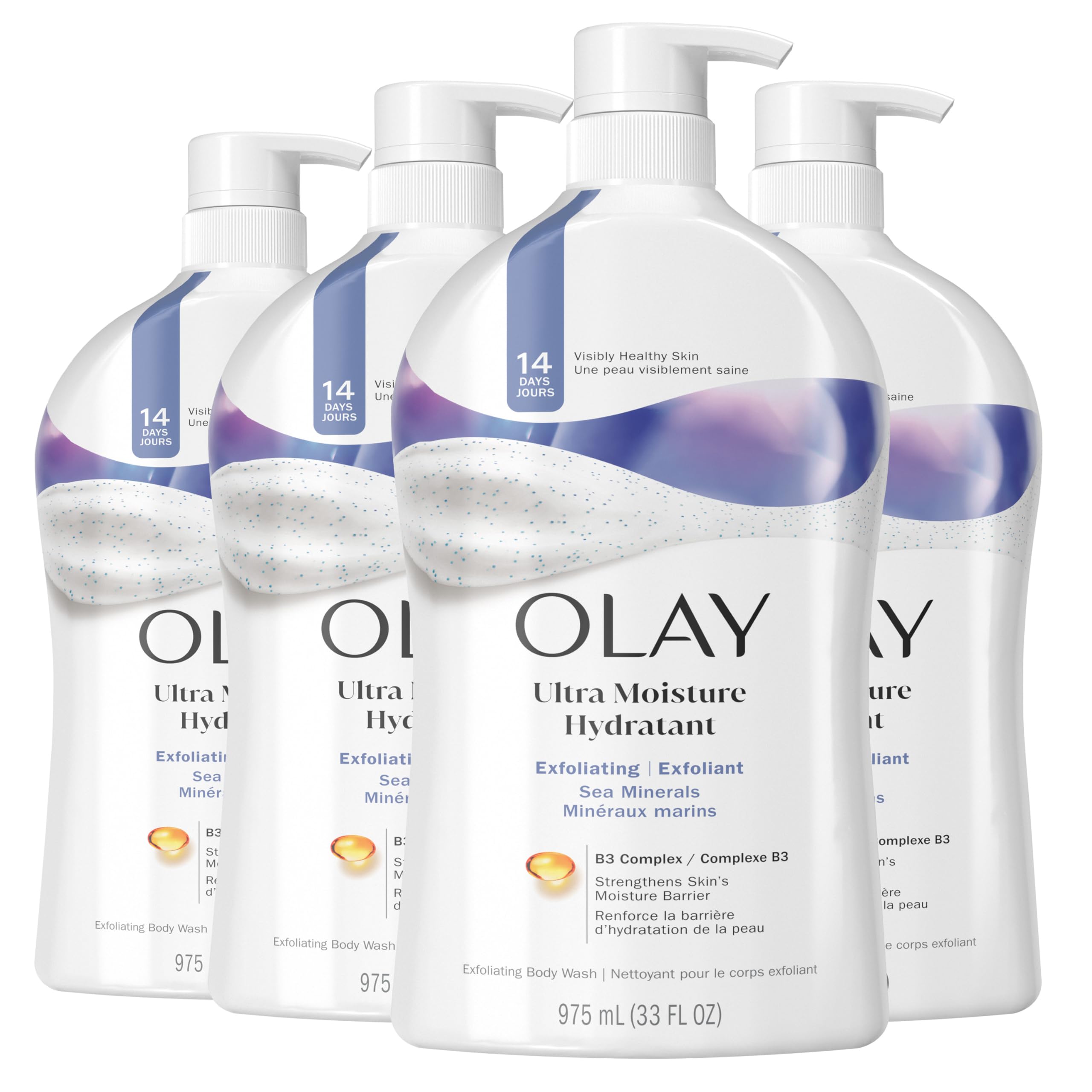 Olay Body Wash for Women, Ultra Moisture, Exfoliating Formula - 24hr Moisturizing with B3 Vitamin Complex - 33 fl oz (Pack of 4)