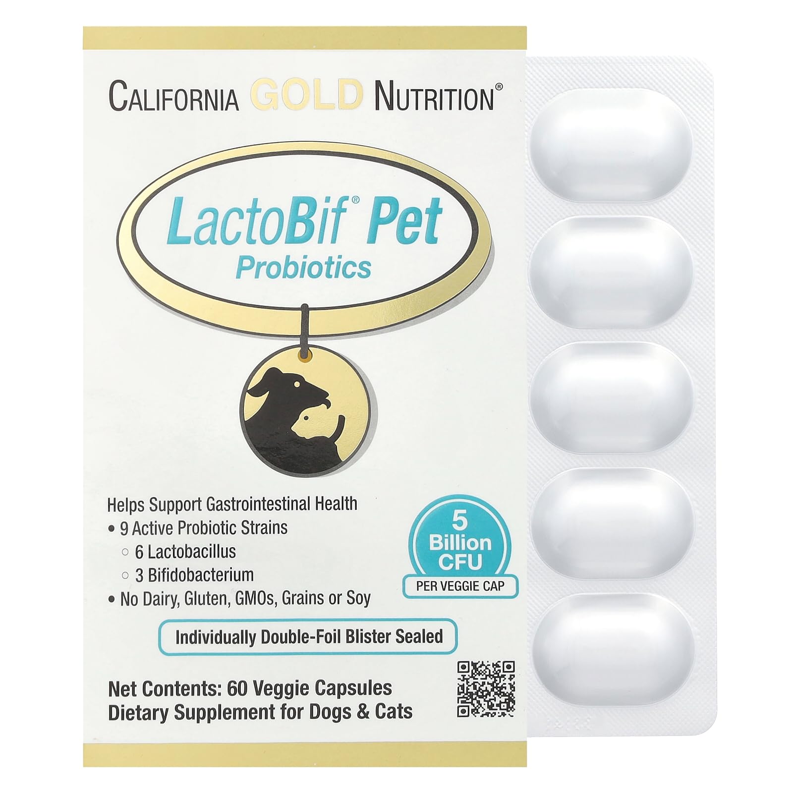 California Gold Nutrition LactoBif Pet Probiotics 5 Billion CFU 60 Veggie Capsules