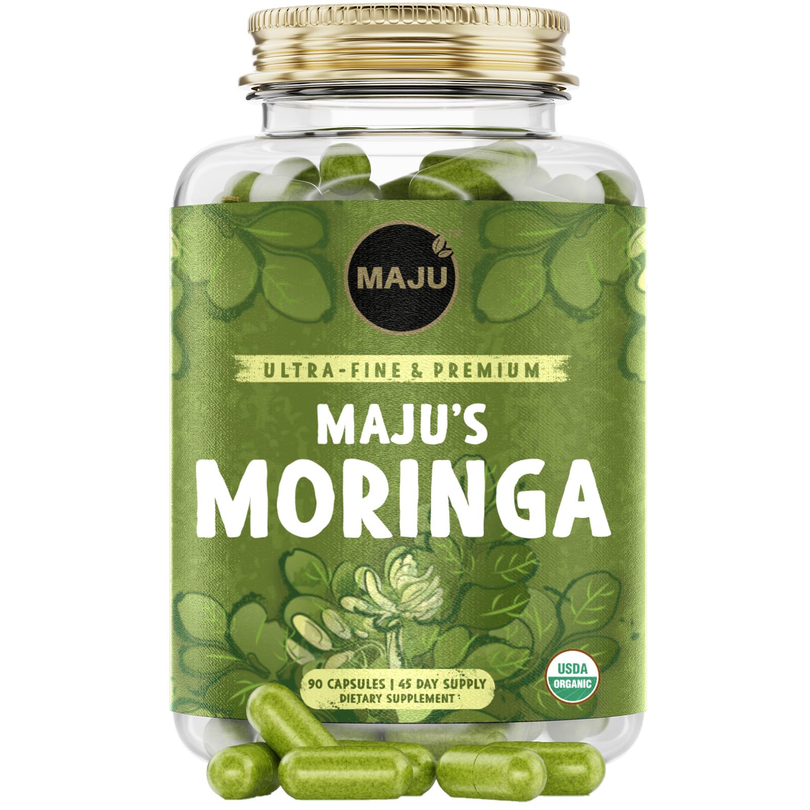 Maju Superfoods Organic Moringa Capsules, Oleifera Leaf Extract, Dried Drumstick Tree Leaves, Premium Plant-Based Supplement (90 ct)