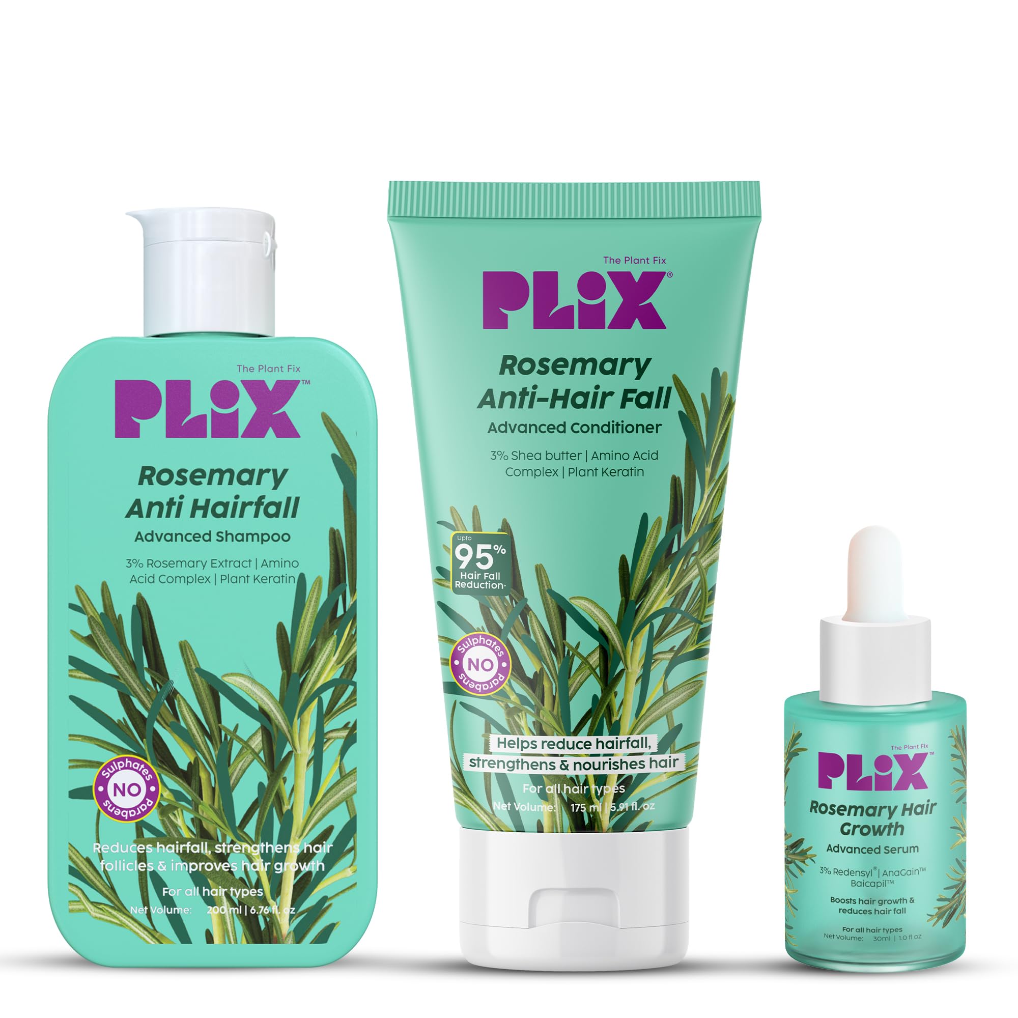 PLIX Rosemary Anti Hairfall Regime Combo (Shampoo, Conditioner & 3% Redensyl Serum) | Sulphate-Free