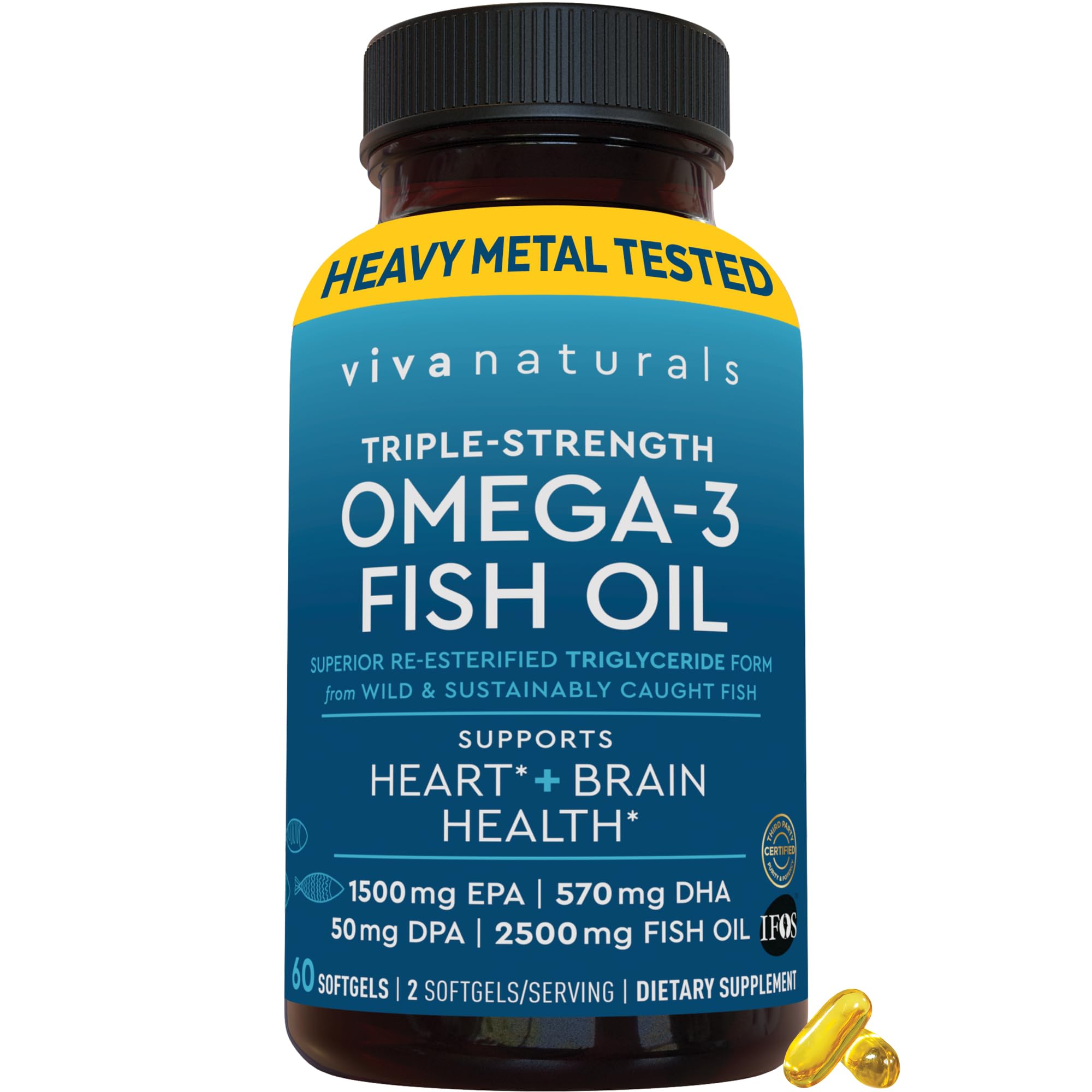 Viva Naturals Triple Strength Omega 3 Fish Oil 2500 mg | EPA, DHA, DPA - 60 Softgels
