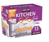 Kirkland Signature Flex-Tech 13-Gallon Kitchen Trash Bags - 200 Count Durable Drawstring