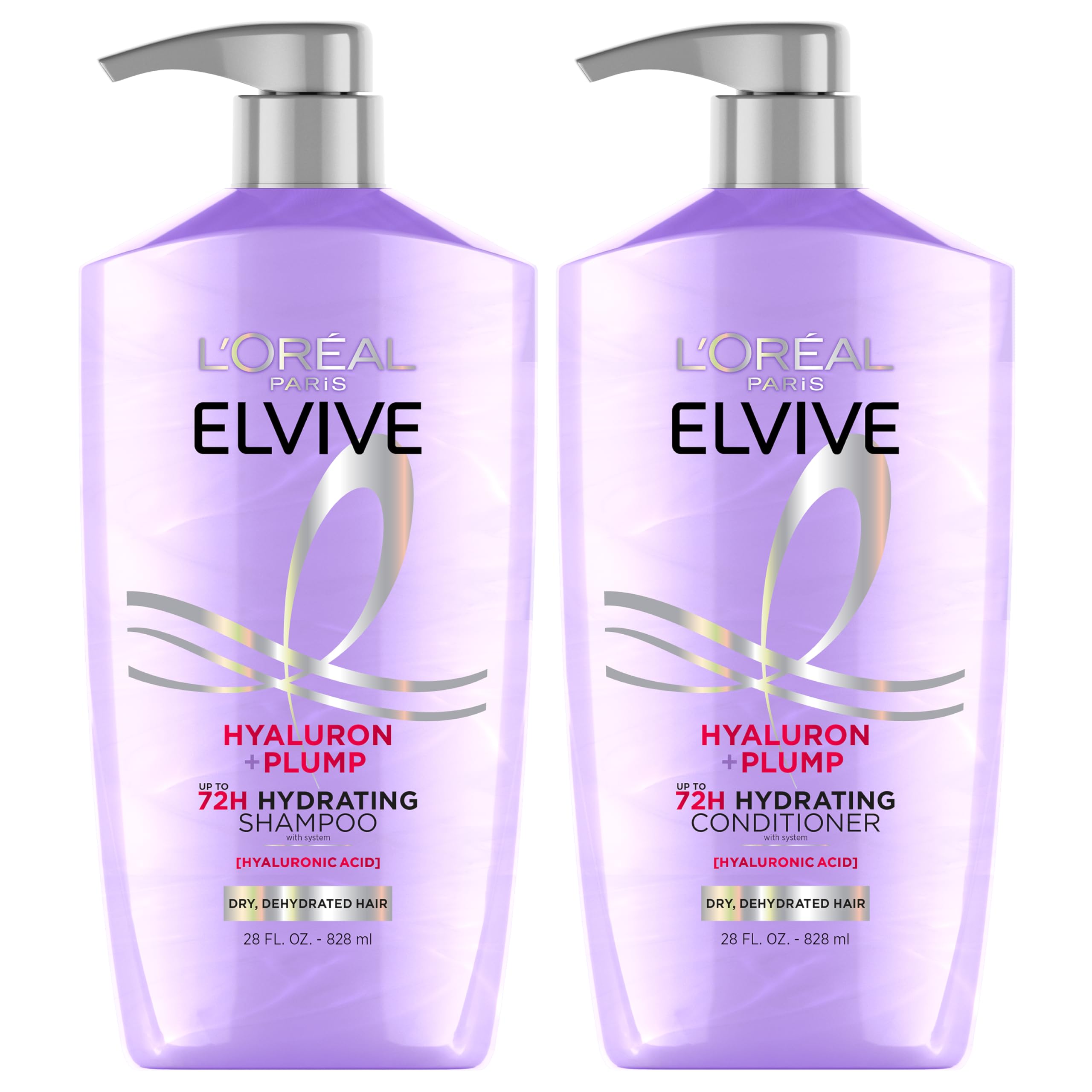 L’Oréal Paris Elvive Hyaluron Plump Shampoo and Conditioner Set for Dehydrated, Dry Hair, Hyaluronic Acid Hair Care Complex