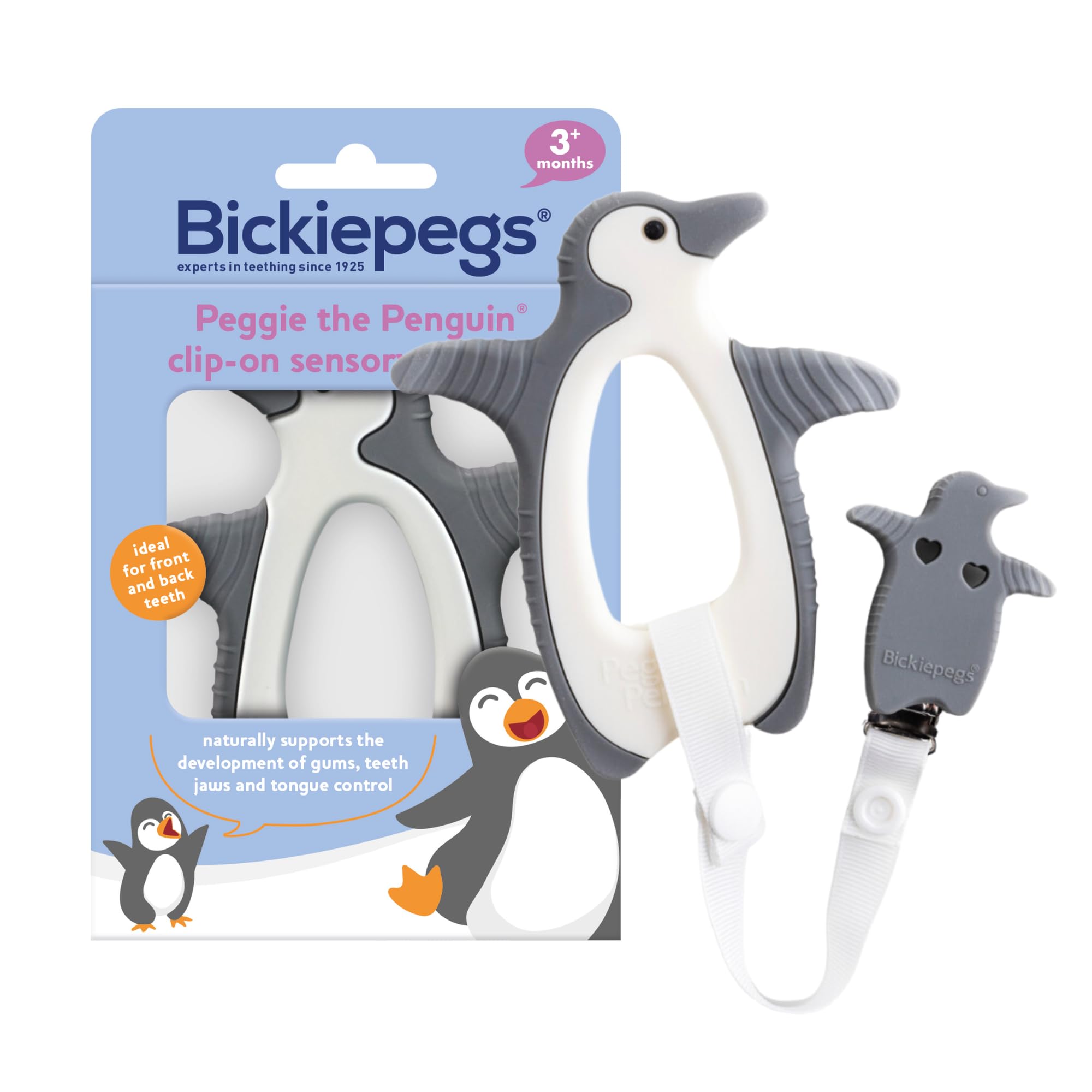 Bickiepegs Peggie the Penguin Clip-On Sensory Teething Toy - BPA-Free Baby Teether for Front & Back Teeth